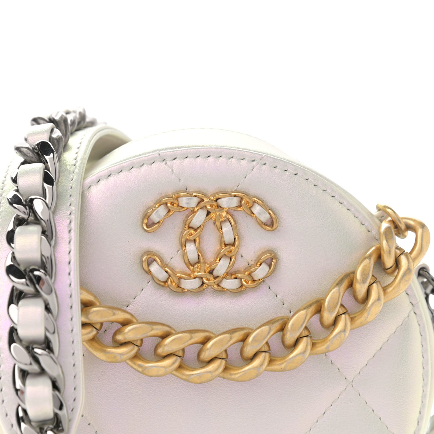 Iridescent Calfskin Quilted Chanel 19 Round Clutch With Chain White