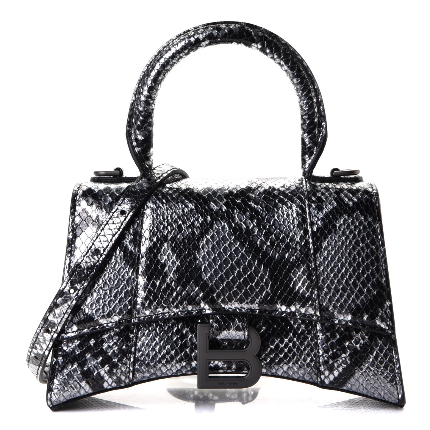 Shiny Calfskin Snakeskin Embossed Hourglass Top Handle Bag XS Silver Black