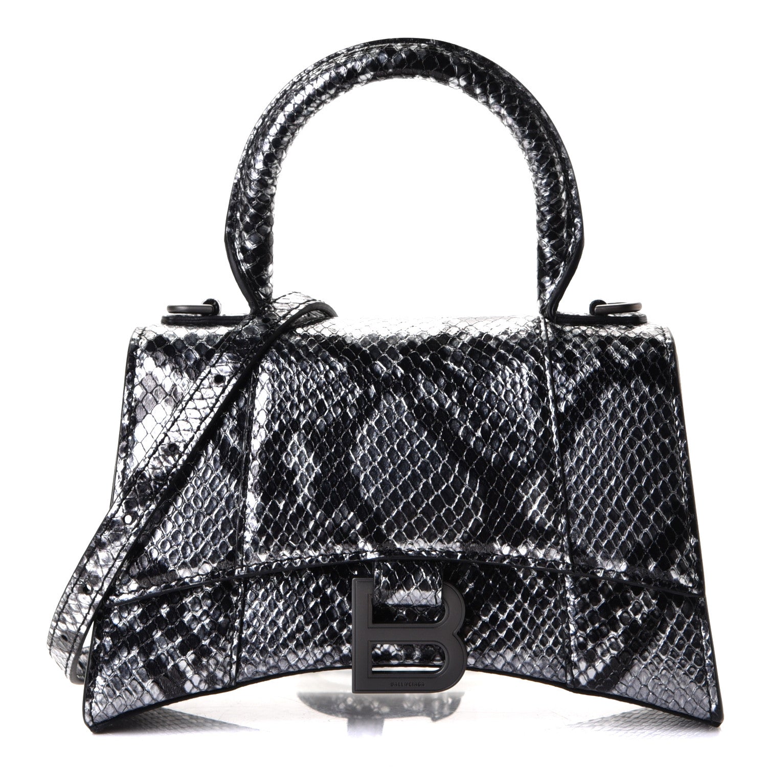 Balenciaga Shiny Calfskin Snakeskin Embossed Hourglass Top Handle Bag XS Silver Black 1 of 5