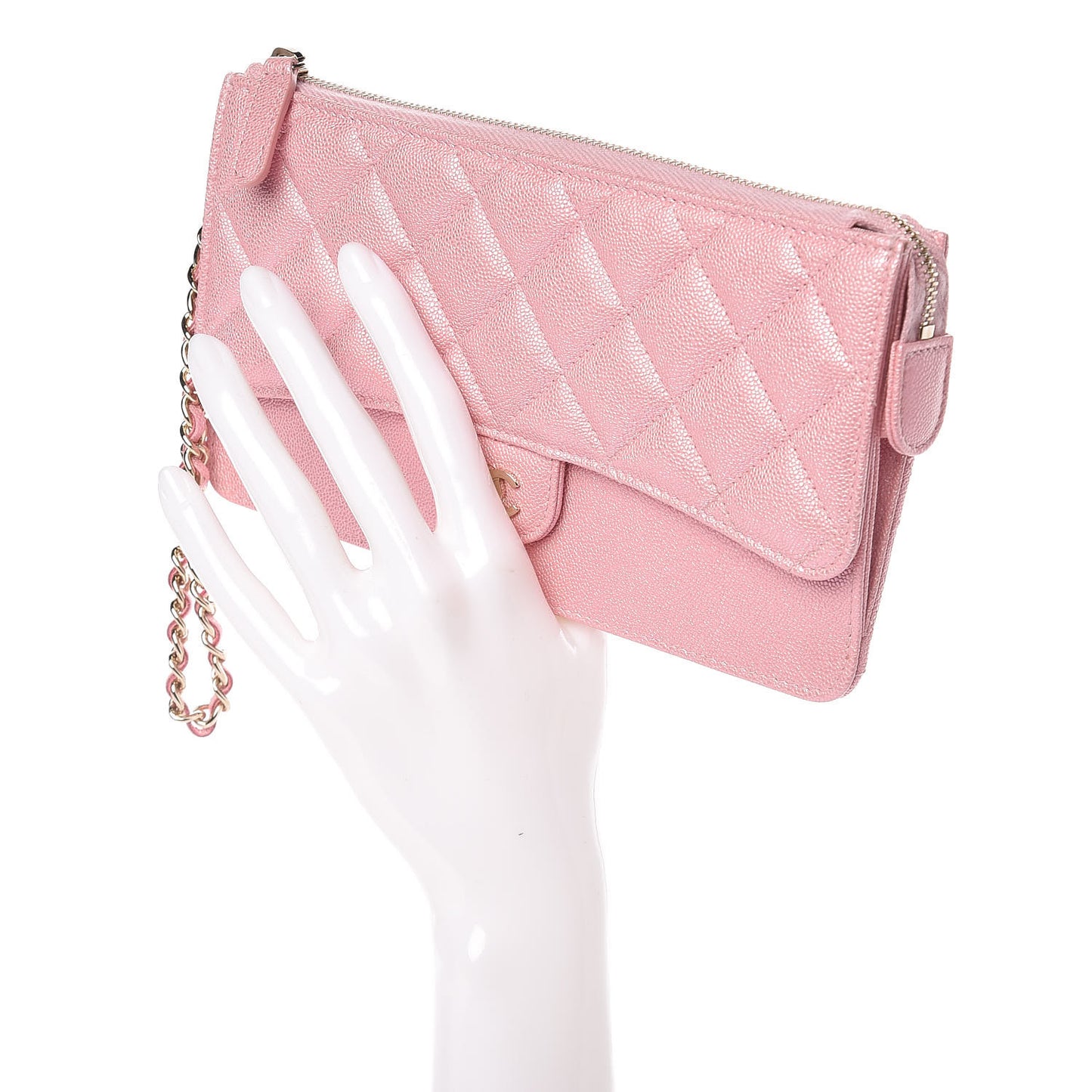 Iridescent Caviar Quilted Classic Pouch With Handle Rose Pink