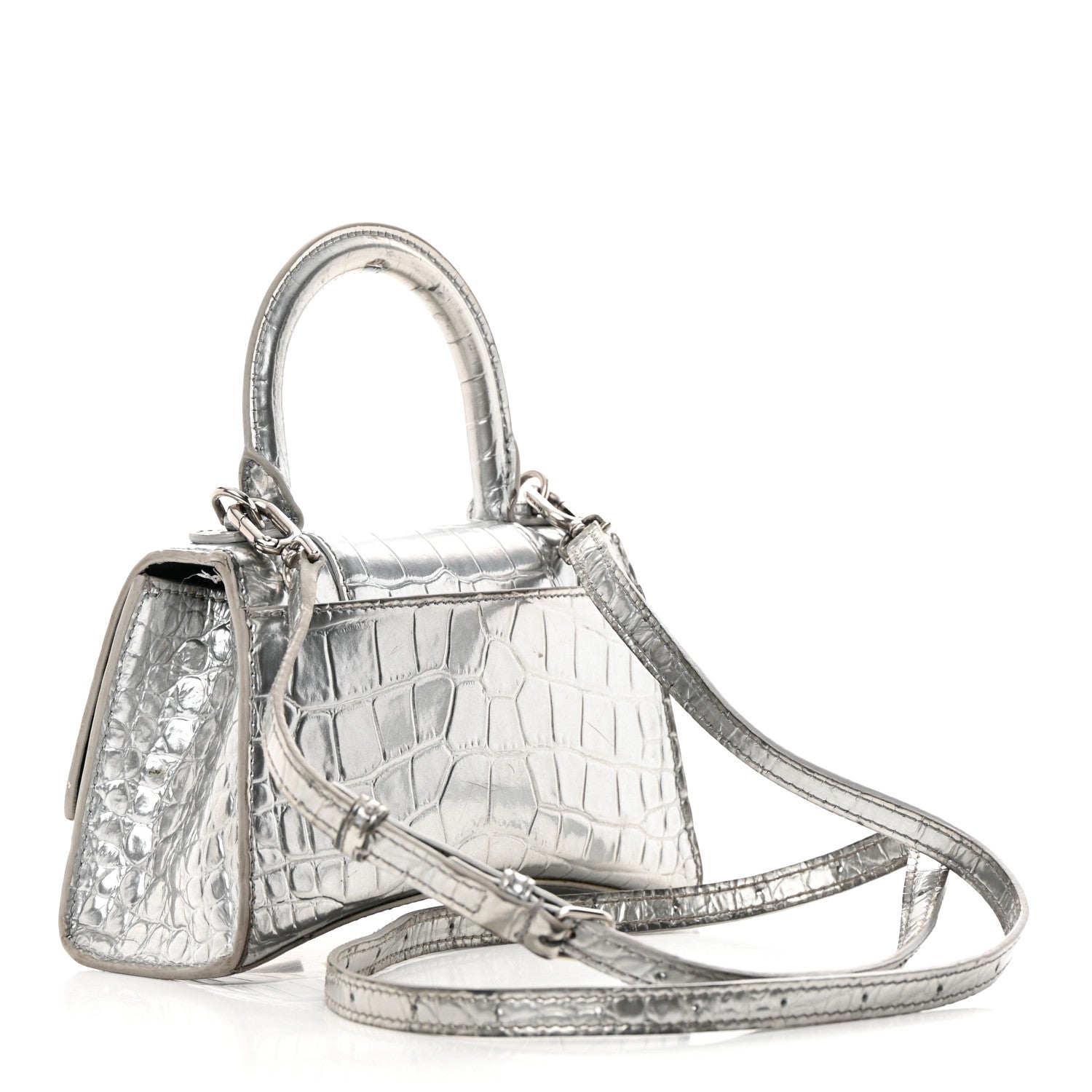 Balenciaga Metallic Calfskin Crocodile Embossed Hourglass Top Handle Bag XS Silver 3 of 27