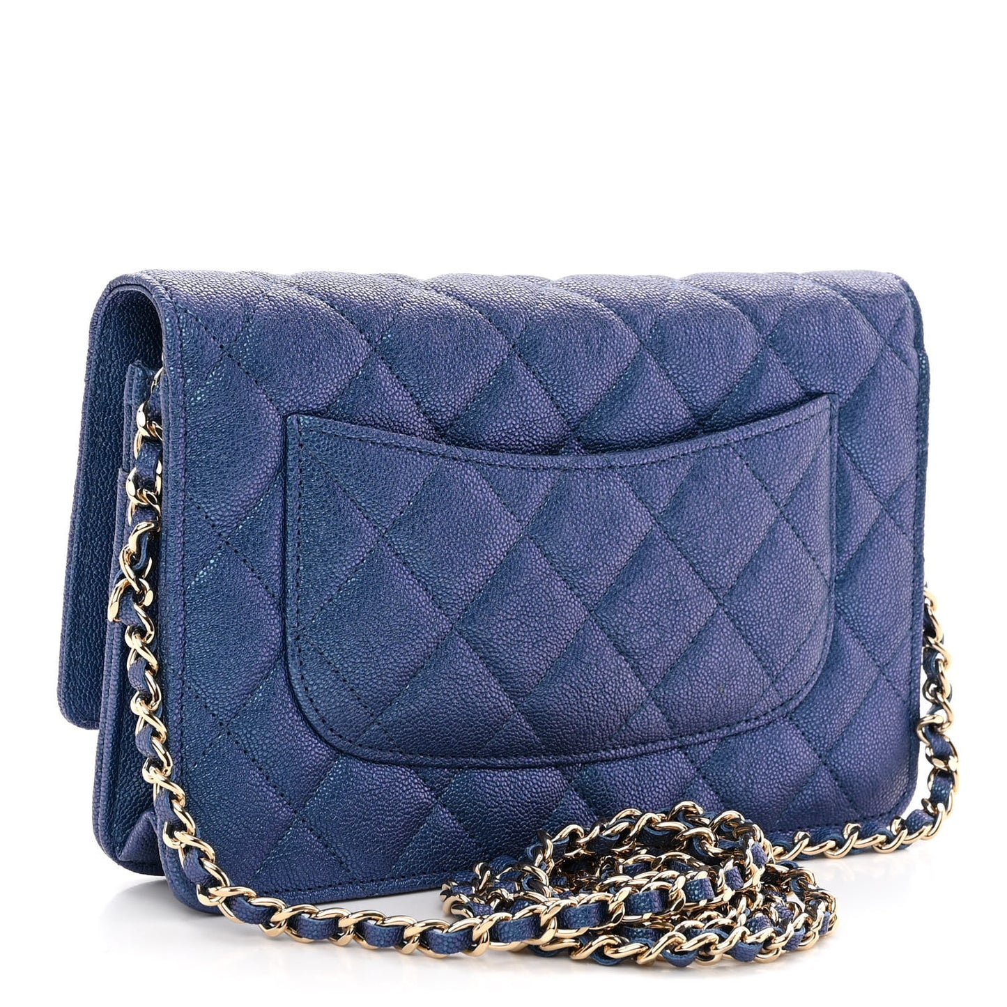 Iridescent Caviar Quilted Wallet on Chain WOC Dark Blue