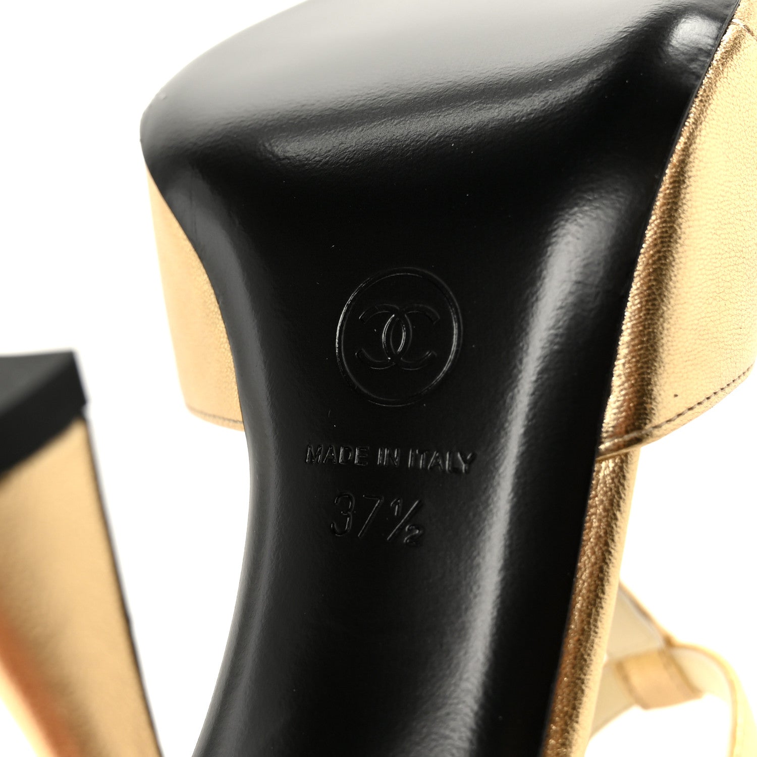 Chanel Laminated Lambskin Cap Toe CC Mary Jane Pumps 37.5 Gold Black 8 of 10