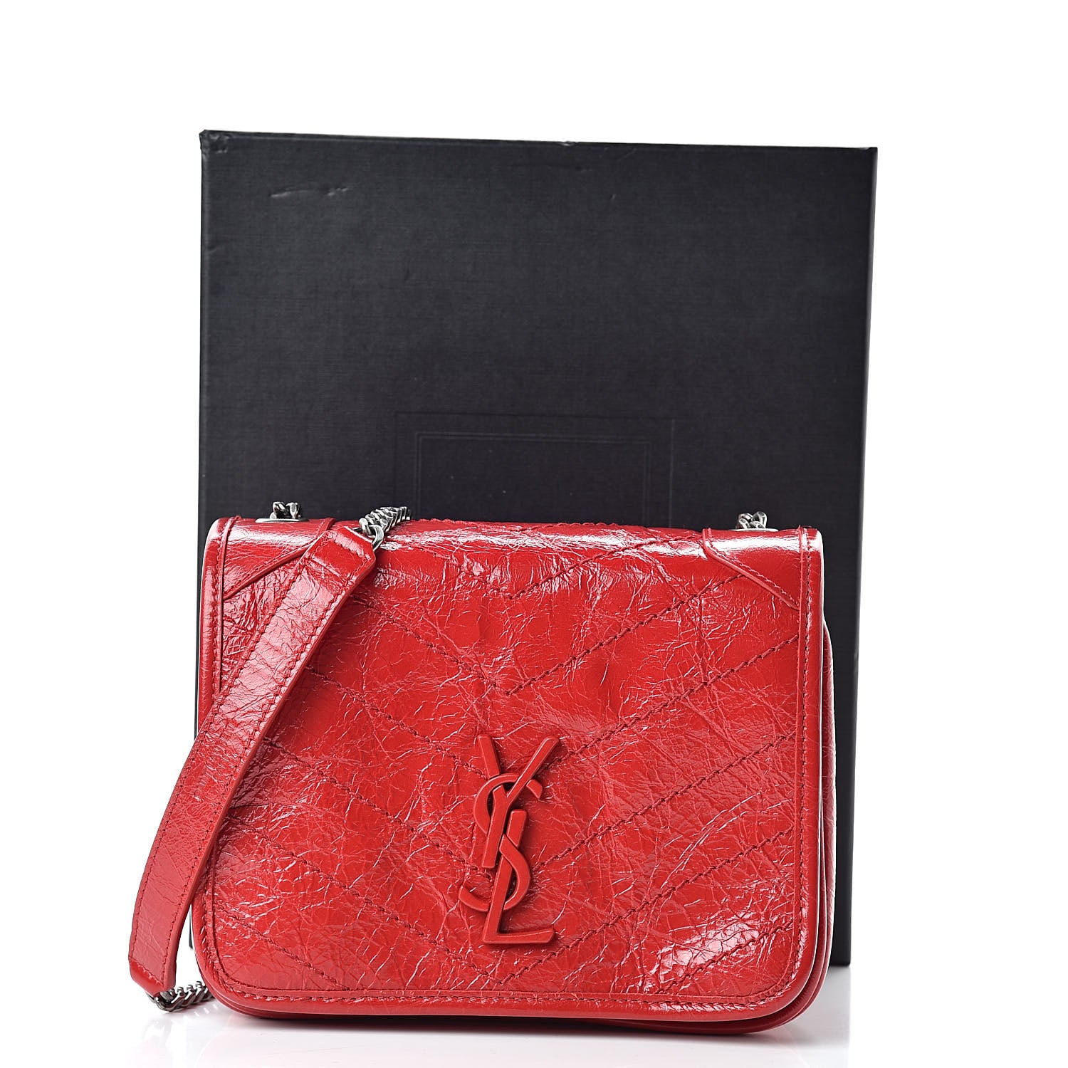 Saint Laurent Crinkled Calfskin Matelasse Monogram Niki Chain Wallet Red 11 of 11