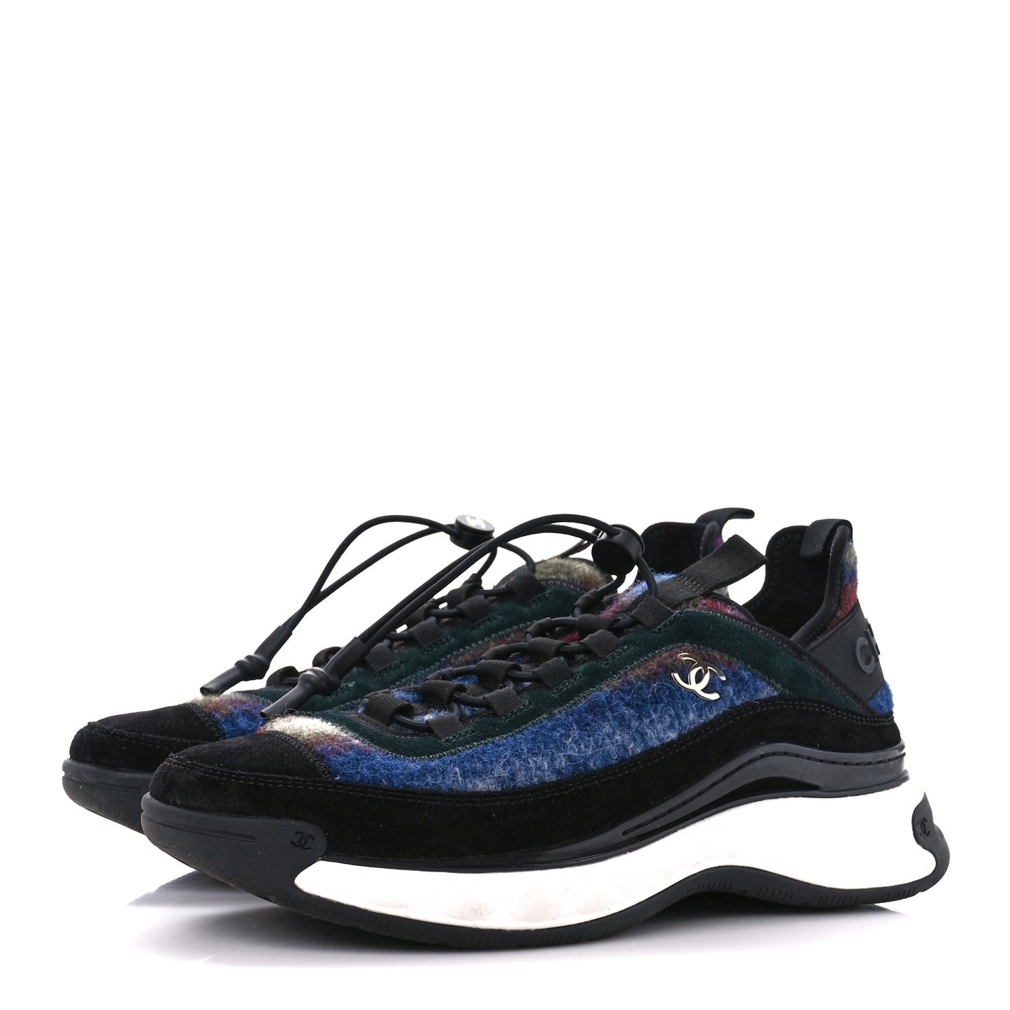 Fabric Suede Calfskin CC Sneakers 41 Blue Black Dark Green