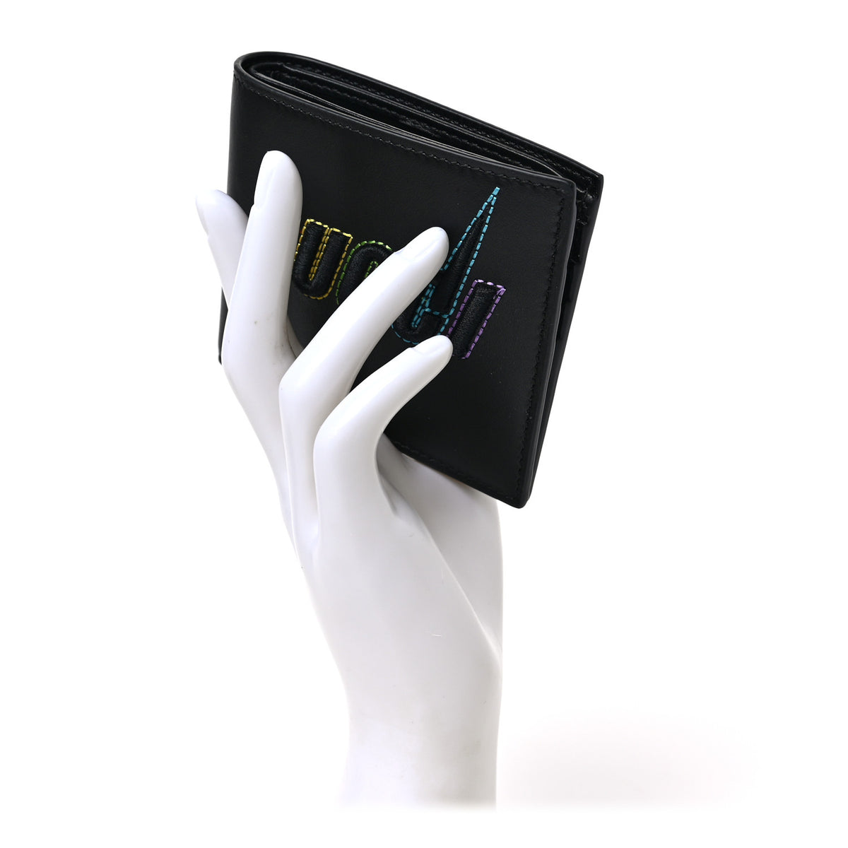 Calfskin Blade Embroidered Card Case Black