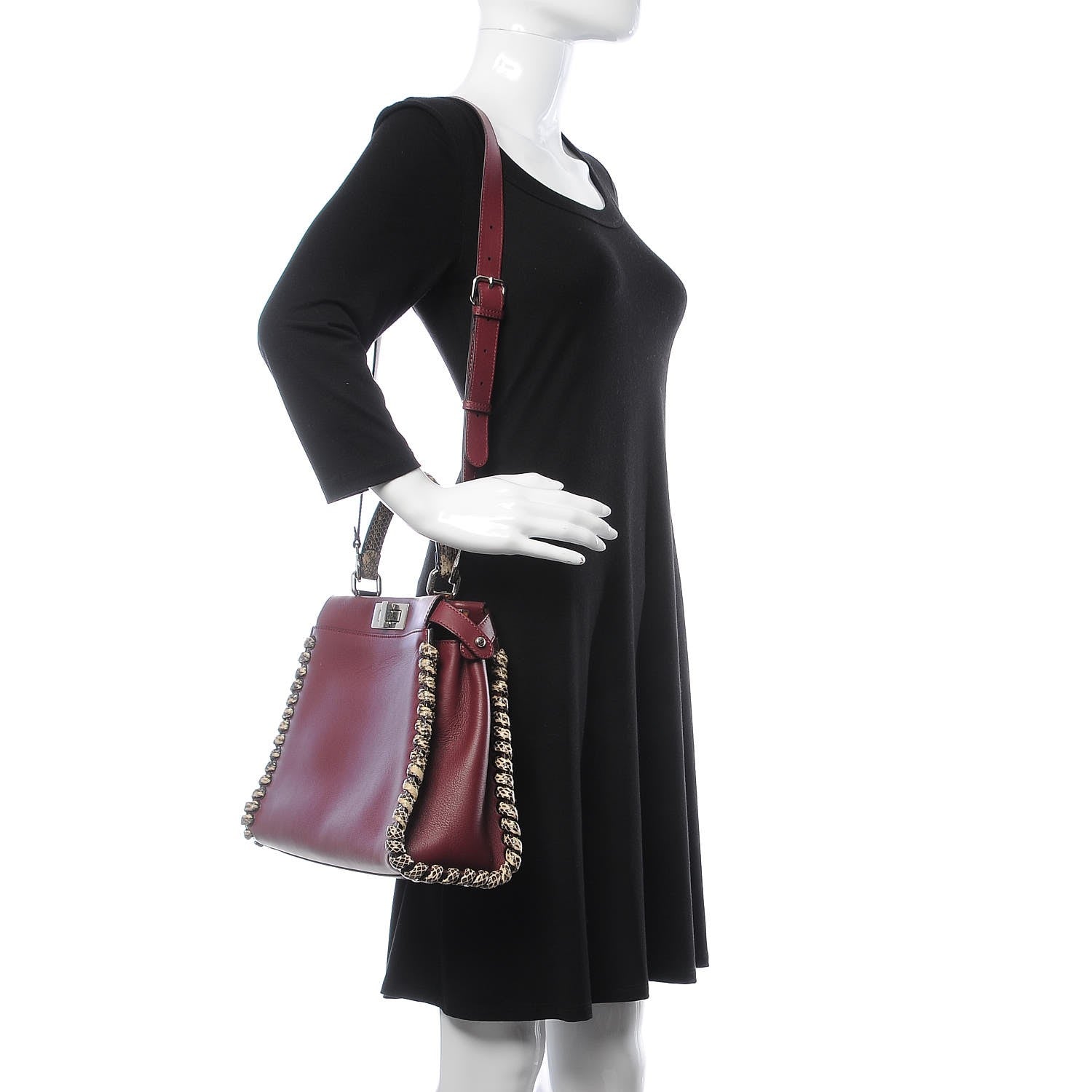 Fendi Calfskin Elaphe Lace Up Medium Peekaboo Iconic Satchel Bordeaux Beige Verde 3 of 9