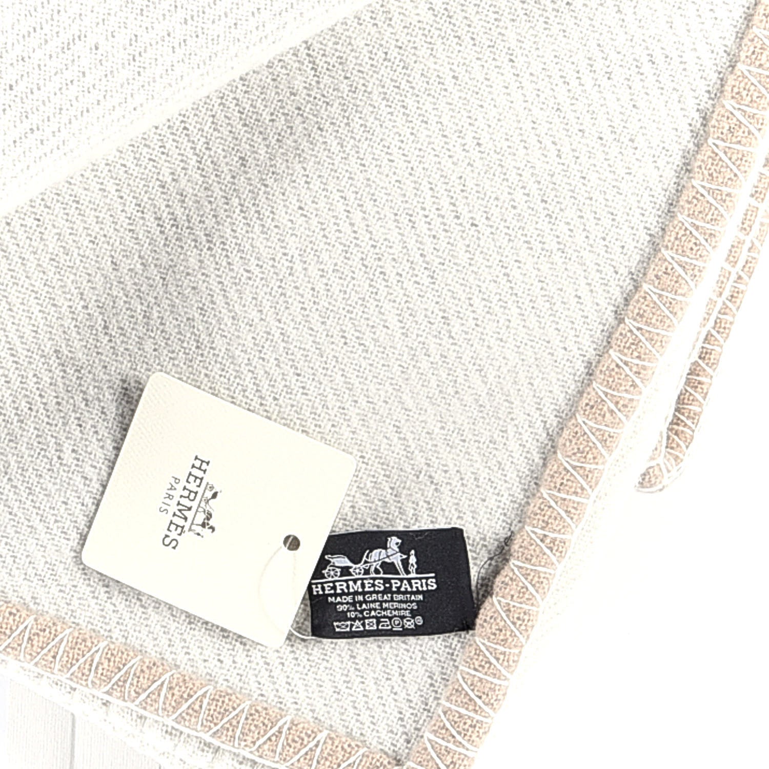 Hermes Wool Cashmere H Casaque Blanket Beige White 6 of 6