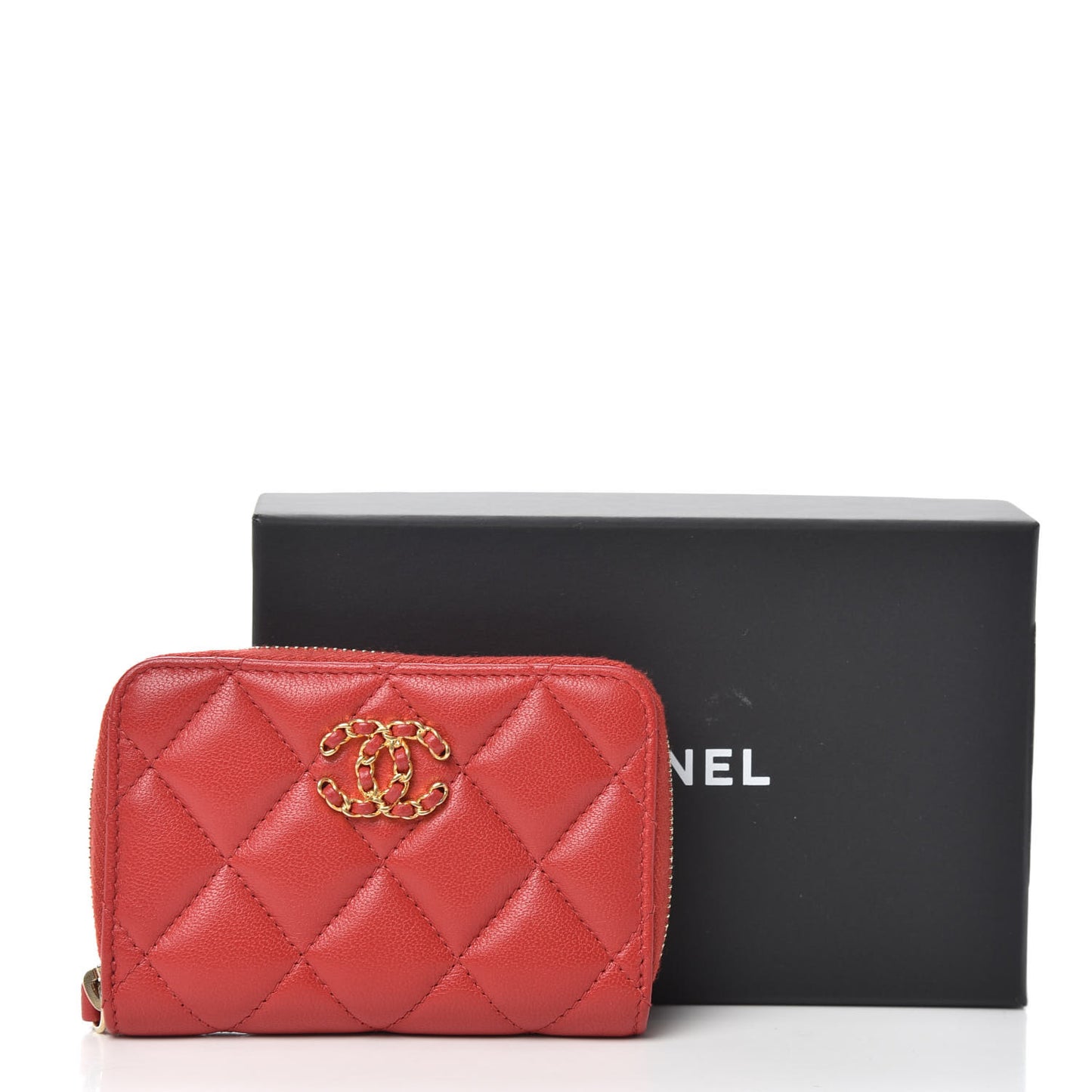Lambskin Quilted Chanel 19 Zip Around Card Holder Red