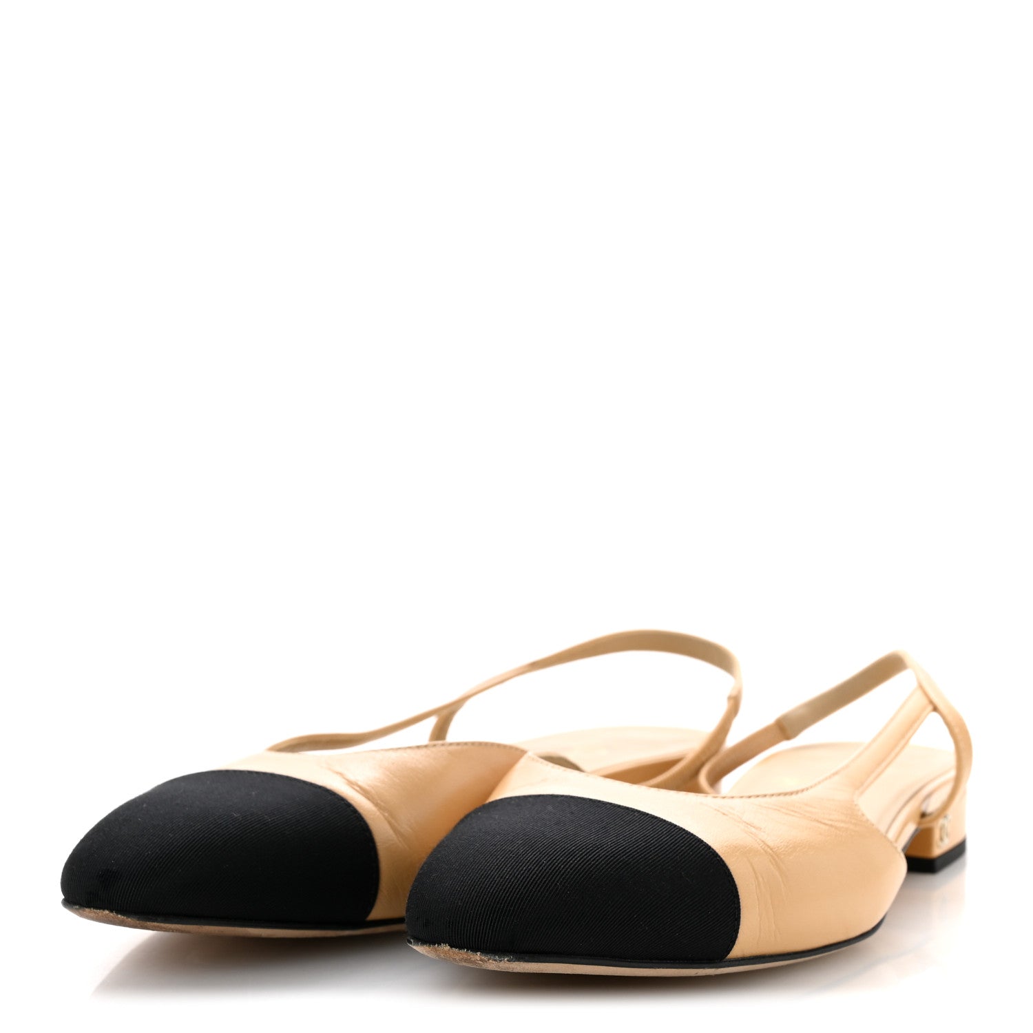 Chanel Goatskin Grosgrain Cap Toe CC Slingback Pumps 37.5 Beige Black 4 of 9