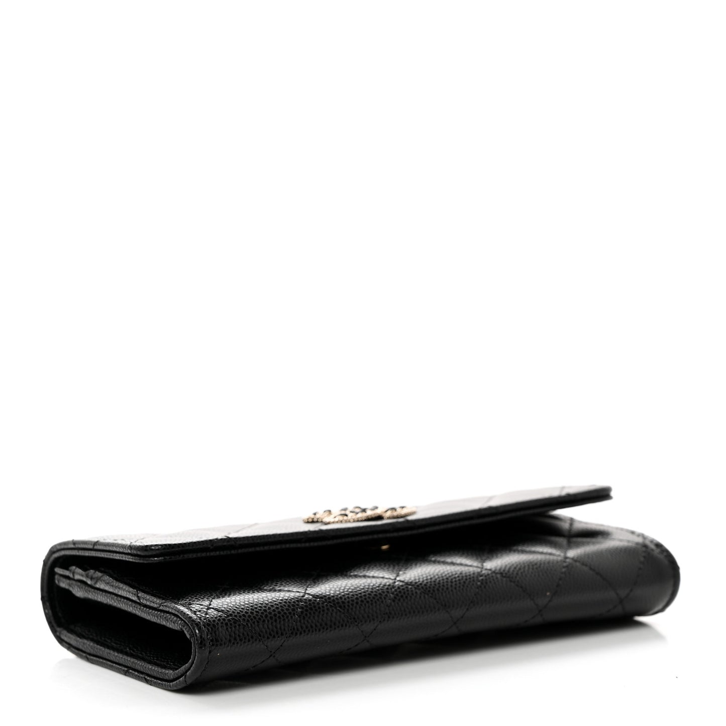 Caviar Quilted Crystal CC Large Gusset Flap Wallet Black