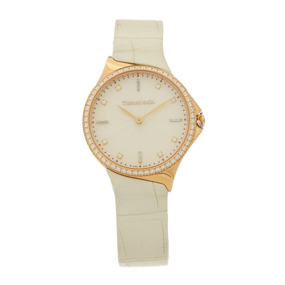 Tiffany 18K Rose Gold Alligator Diamond Bezel 28mm Metro Quartz Watch 1 of 6