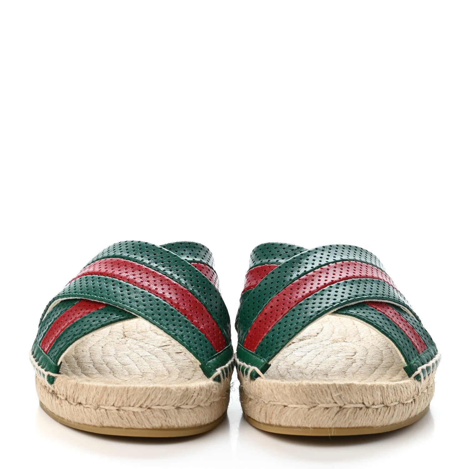 Gucci Calfskin Perforated Web Espadrille Sandals 38.5 Red Green 2 of 4