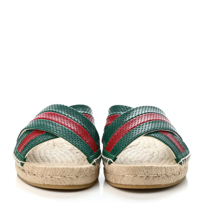 Gucci Calfskin Perforated Web Espadrille Sandals 38.5 Red Green 2 of 4