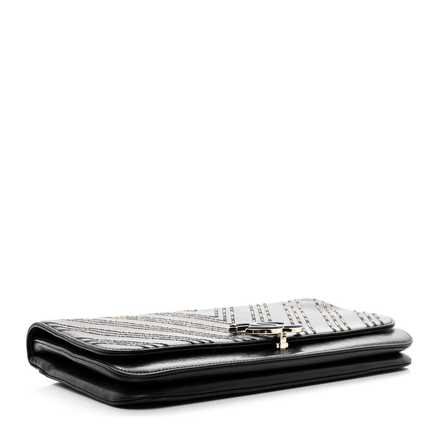 Lambskin Chain Chevron CC Clutch Black