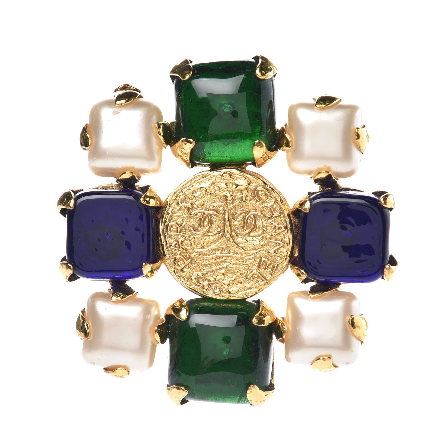 Chanel Gripoix Poured Glass Pearl Brooch Gold Green Blue 1 of 5