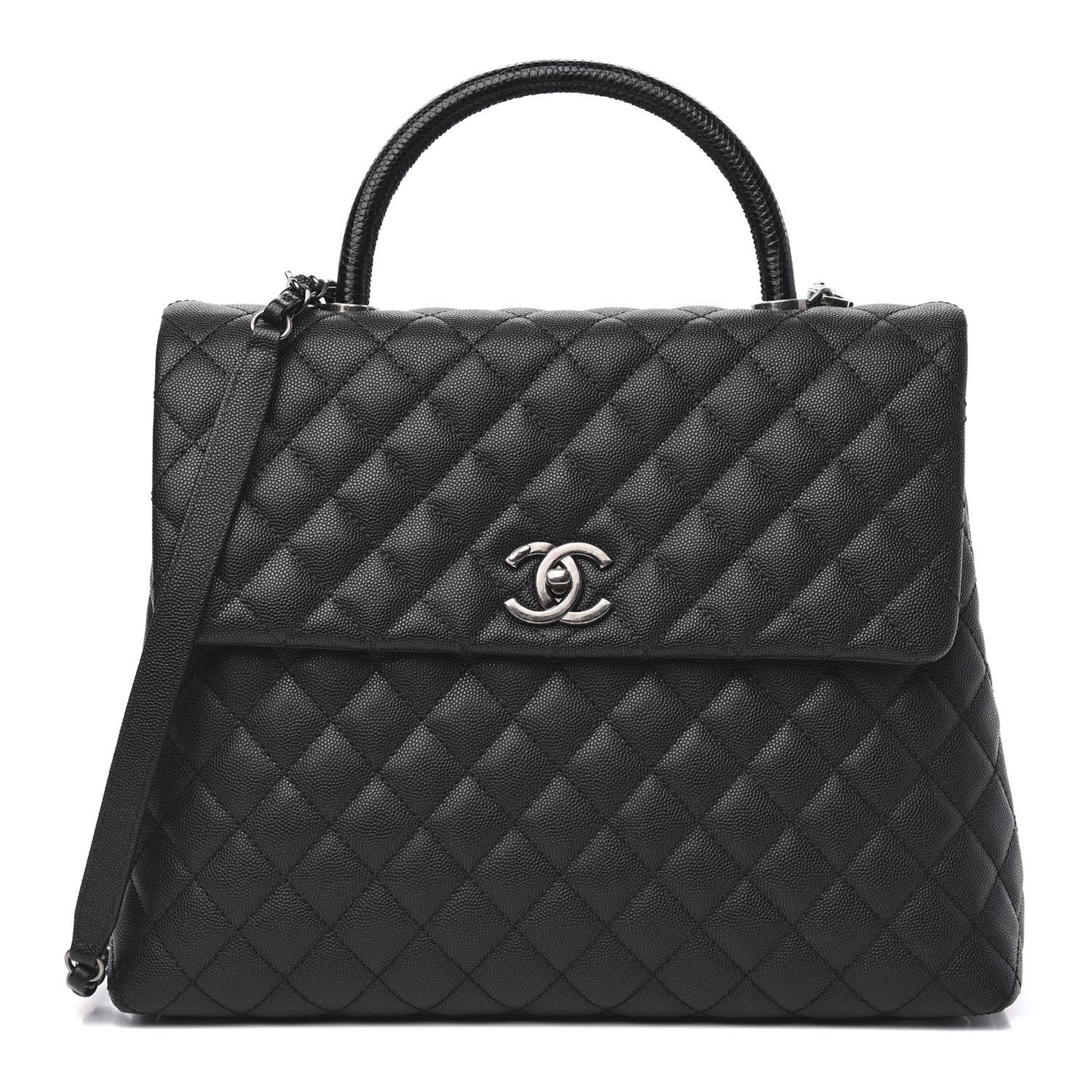 Caviar Lizard Quilted Large Coco Handle Flap Black