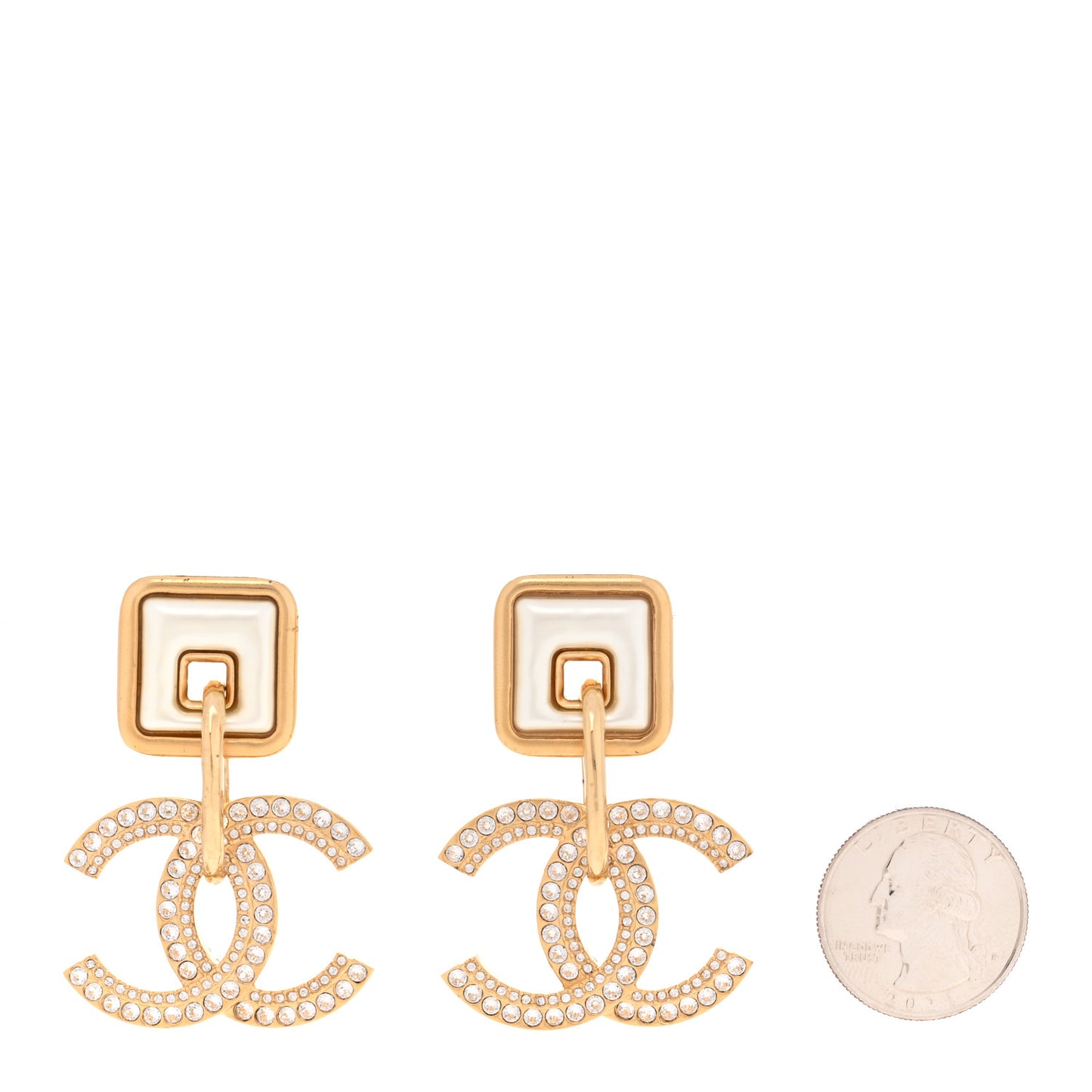 Crystal Pearl CC Square Drop Earrings Gold Pearly White