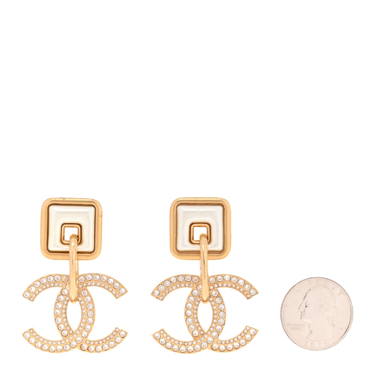Chanel Crystal Pearl CC Square Drop Earrings Gold Pearly White 2 of 5