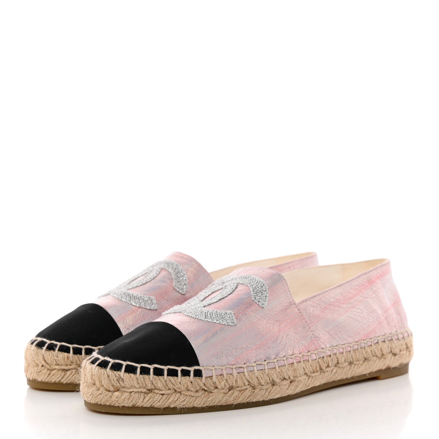 Chanel Laminated Lambskin Grosgrain Embroidered CC Espadrilles 40 Pink Silver Black 3 of 13