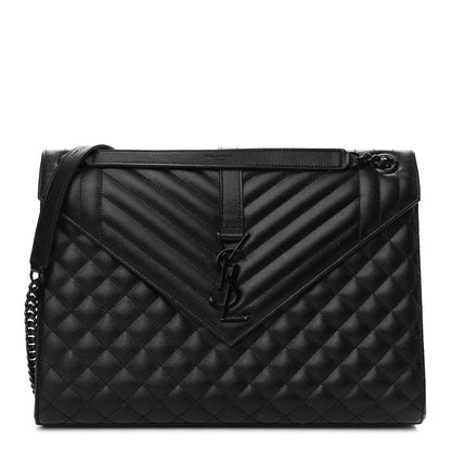 Saint Laurent Grain De Poudre Textured Mixed Matelasse Large Triquilt Monogram Monochrome Satchel Black 1 of 14