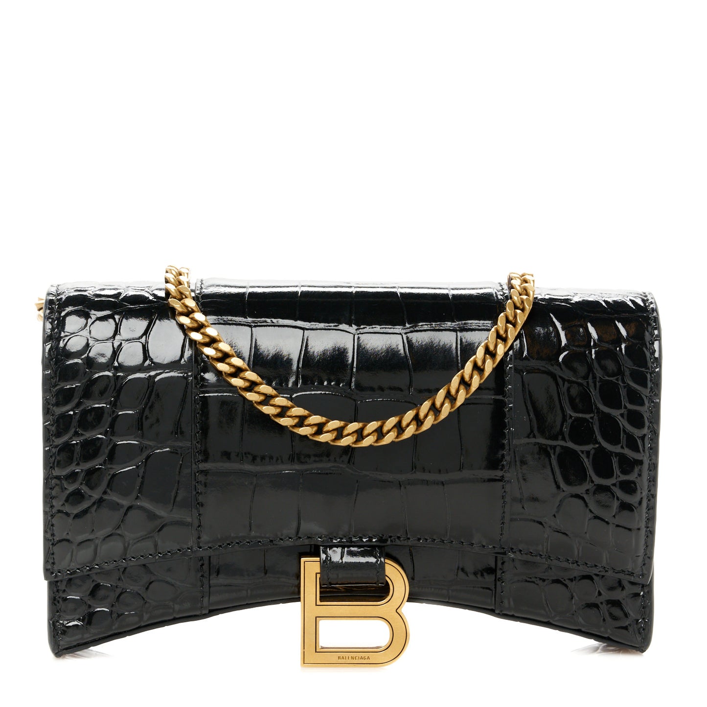 Shiny Calfskin Crocodile Embossed Hourglass Chain Bag Black