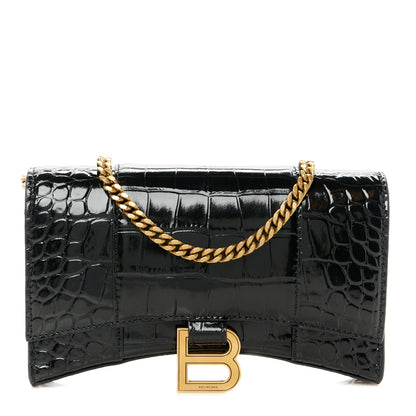 Balenciaga Shiny Calfskin Crocodile Embossed Hourglass Chain Bag Black 1 of 11