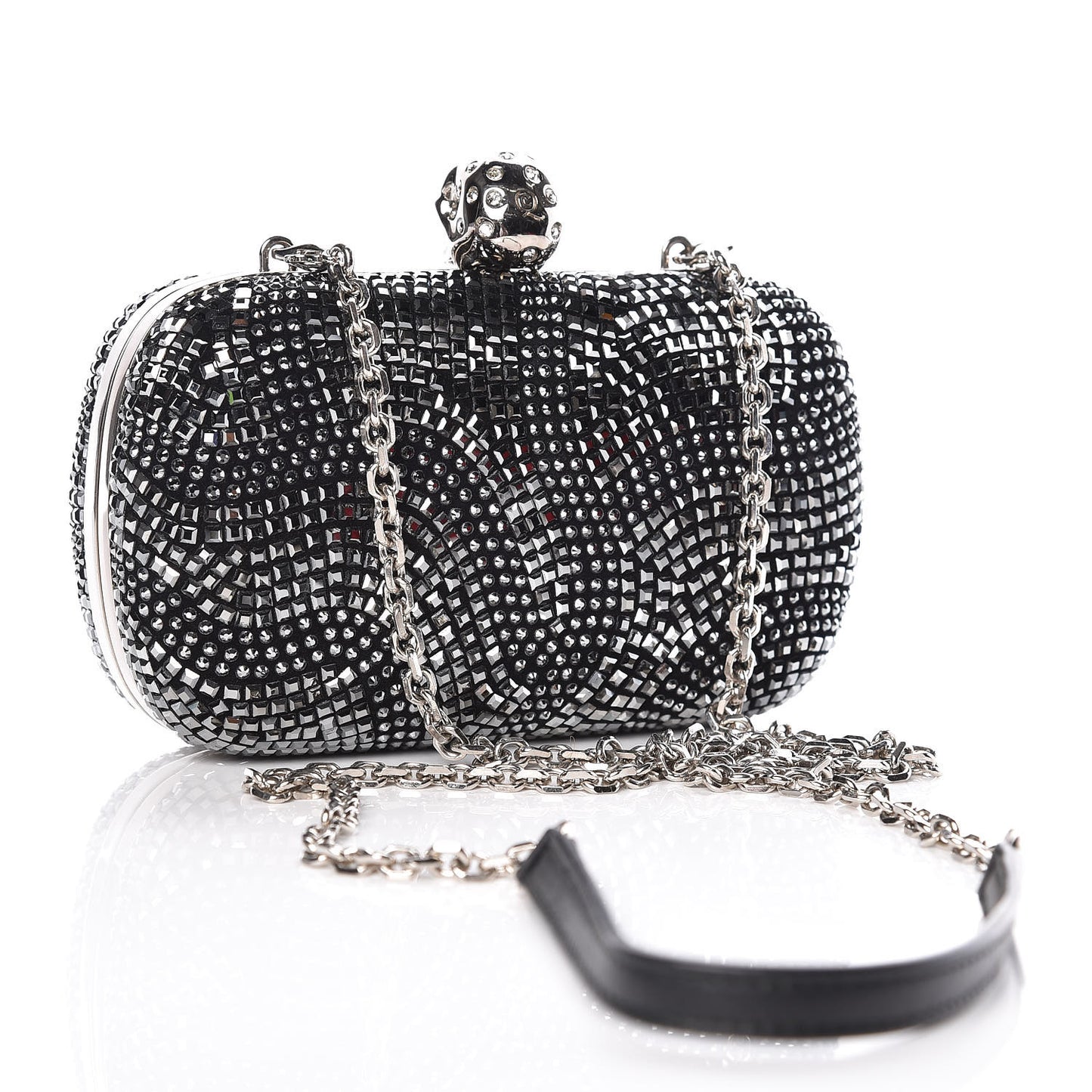 Crystal Nappa Classic Art Deco Skull Clutch Black Silver