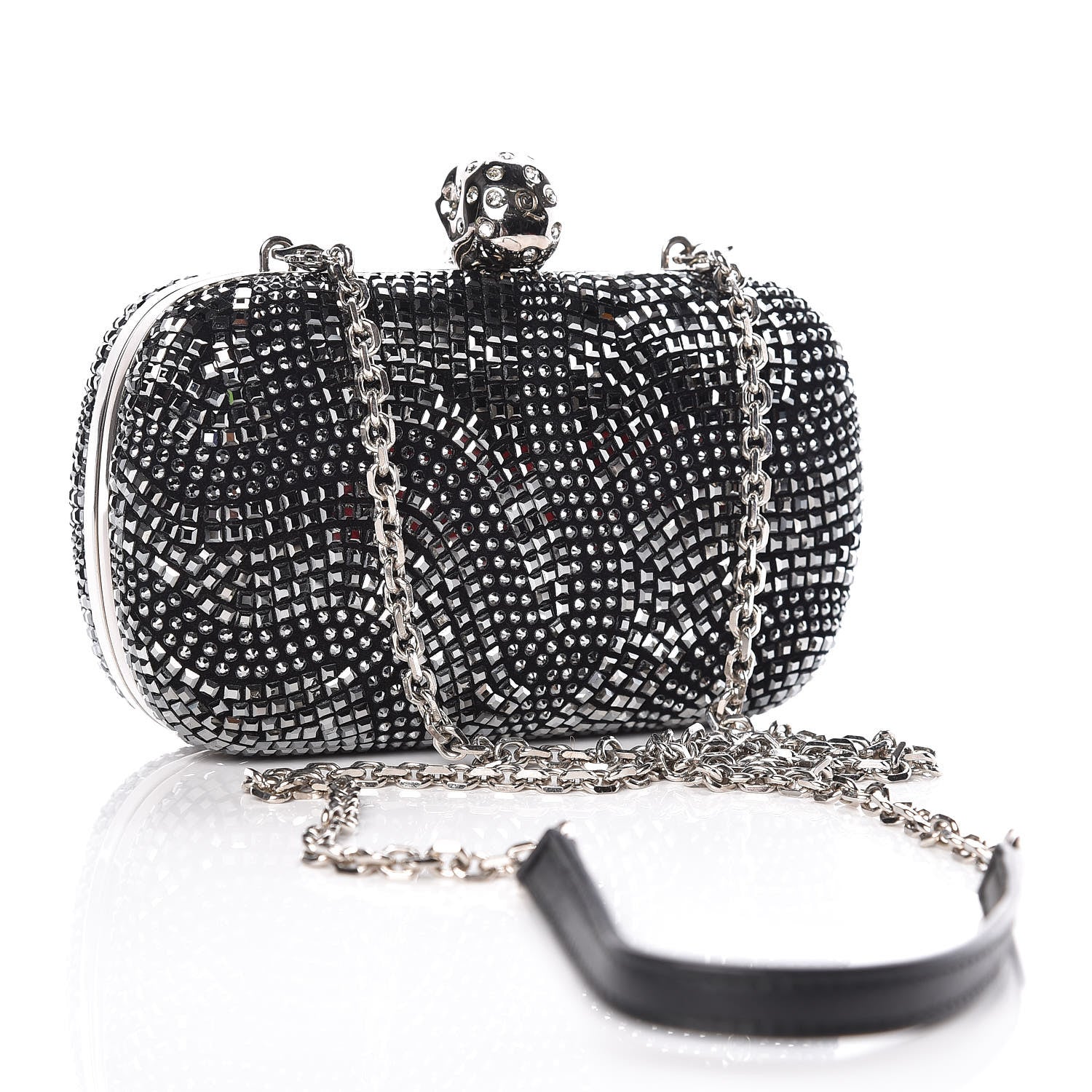 Alexander McQueen Crystal Nappa Classic Art Deco Skull Clutch Black Silver 3 of 10
