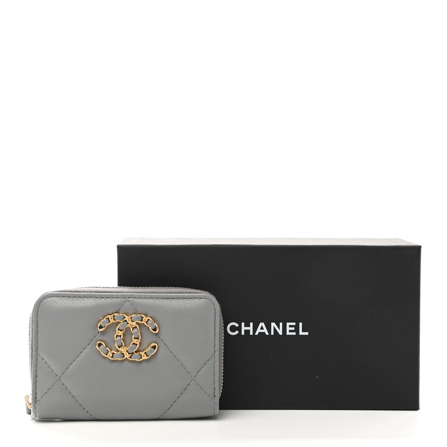 Lambskin Quilted Chanel 19 Zip Around Coin Purse Wallet Grey