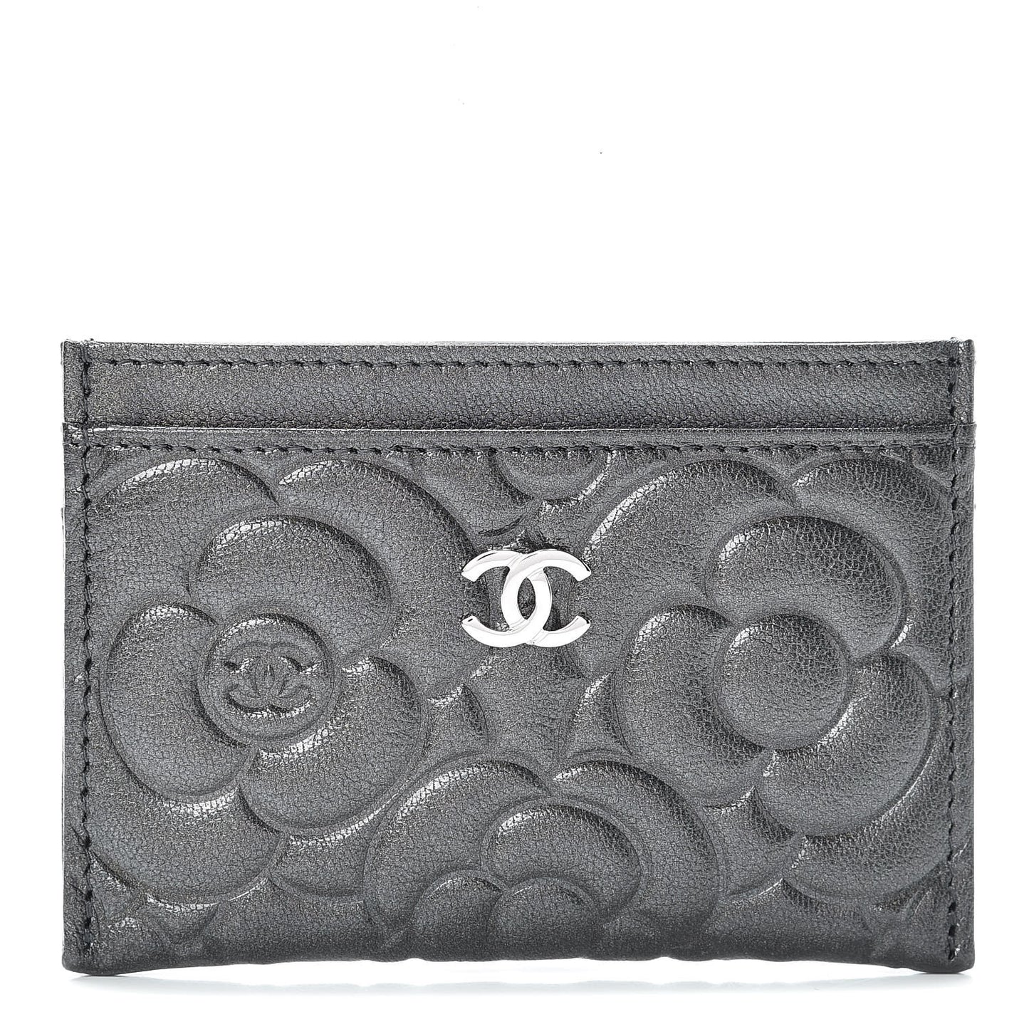 Goatskin Camellia Embossed Card Holder Anthracite