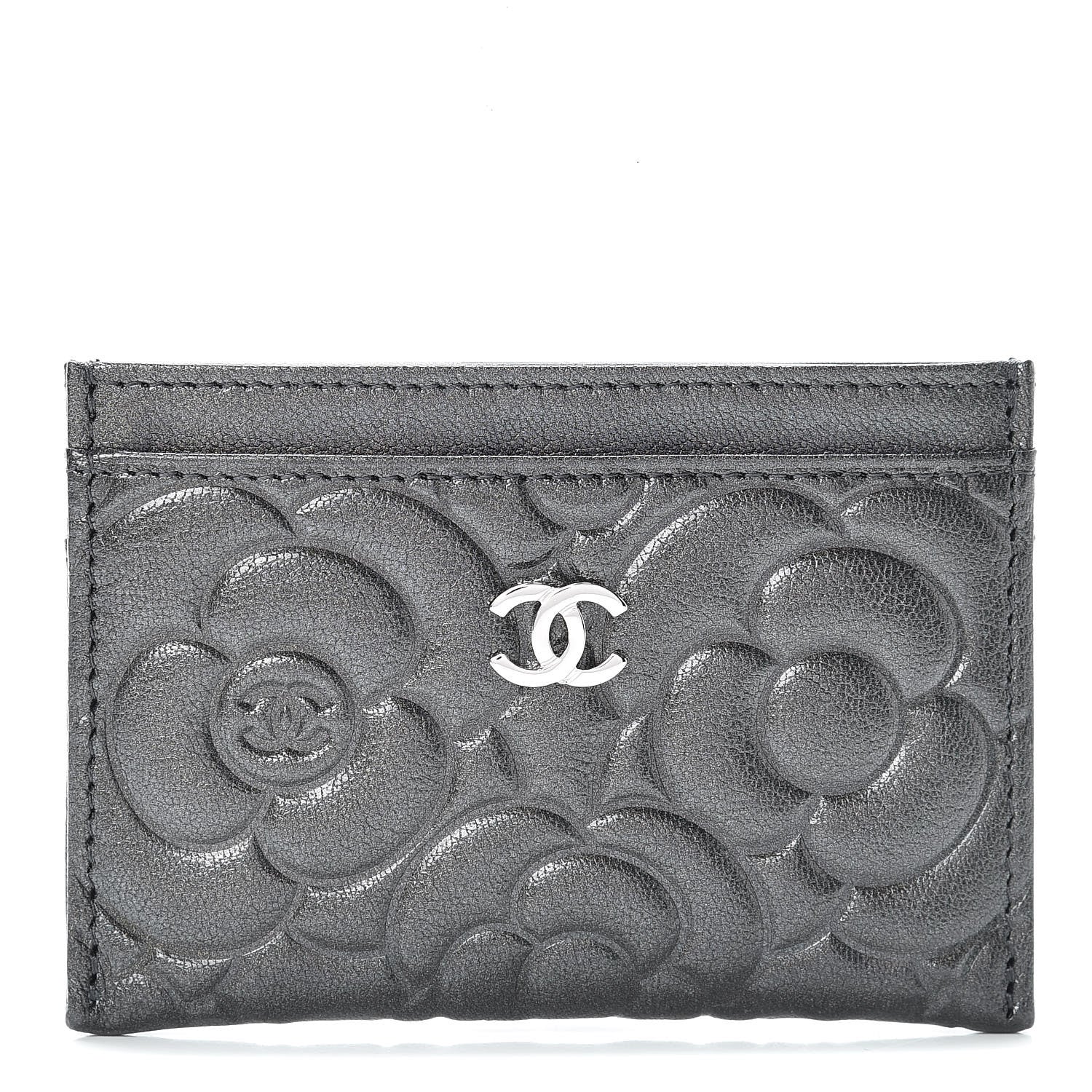 Chanel Goatskin Camellia Embossed Card Holder Anthracite 1 of 9