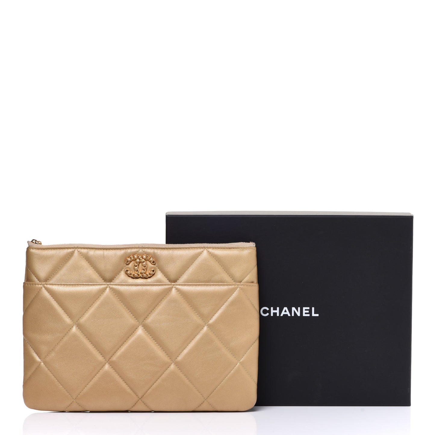 Metallic Lambskin Quilted Chanel 19 Pouch Gold
