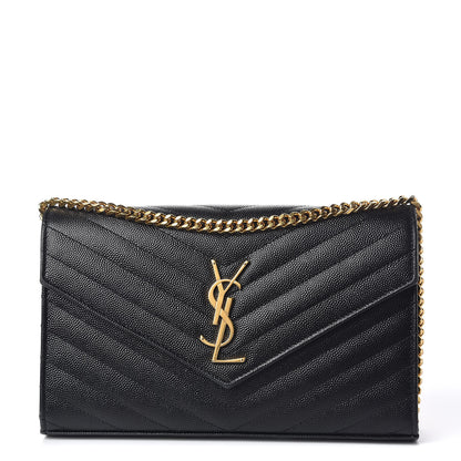 Saint Laurent Grain De Poudre Matelasse Chevron Monogram Chain Wallet Black 1 of 12