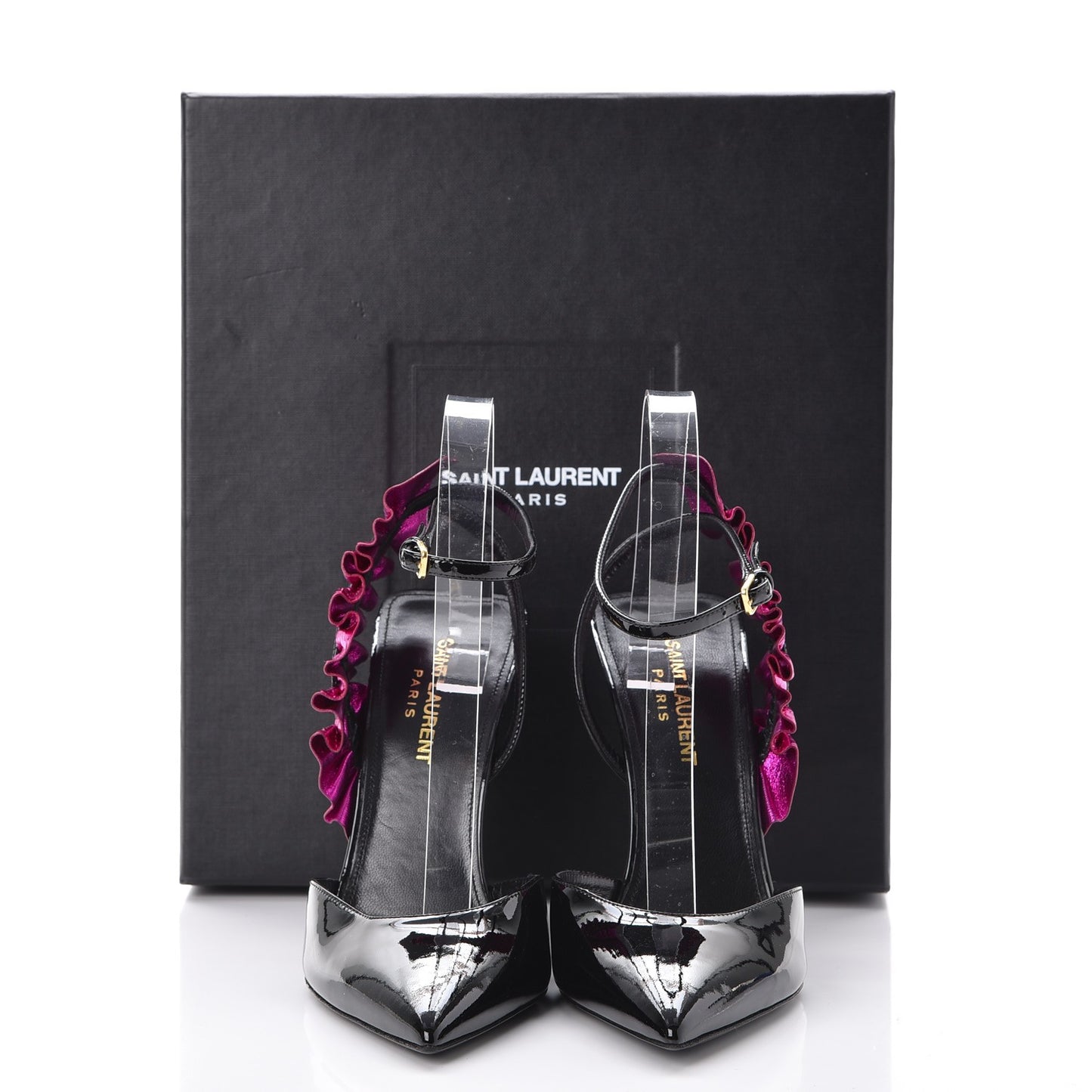 Patent Calfskin Ayers Edie 110 Leaf Slingback Pumps 37.5 Black Fuschia