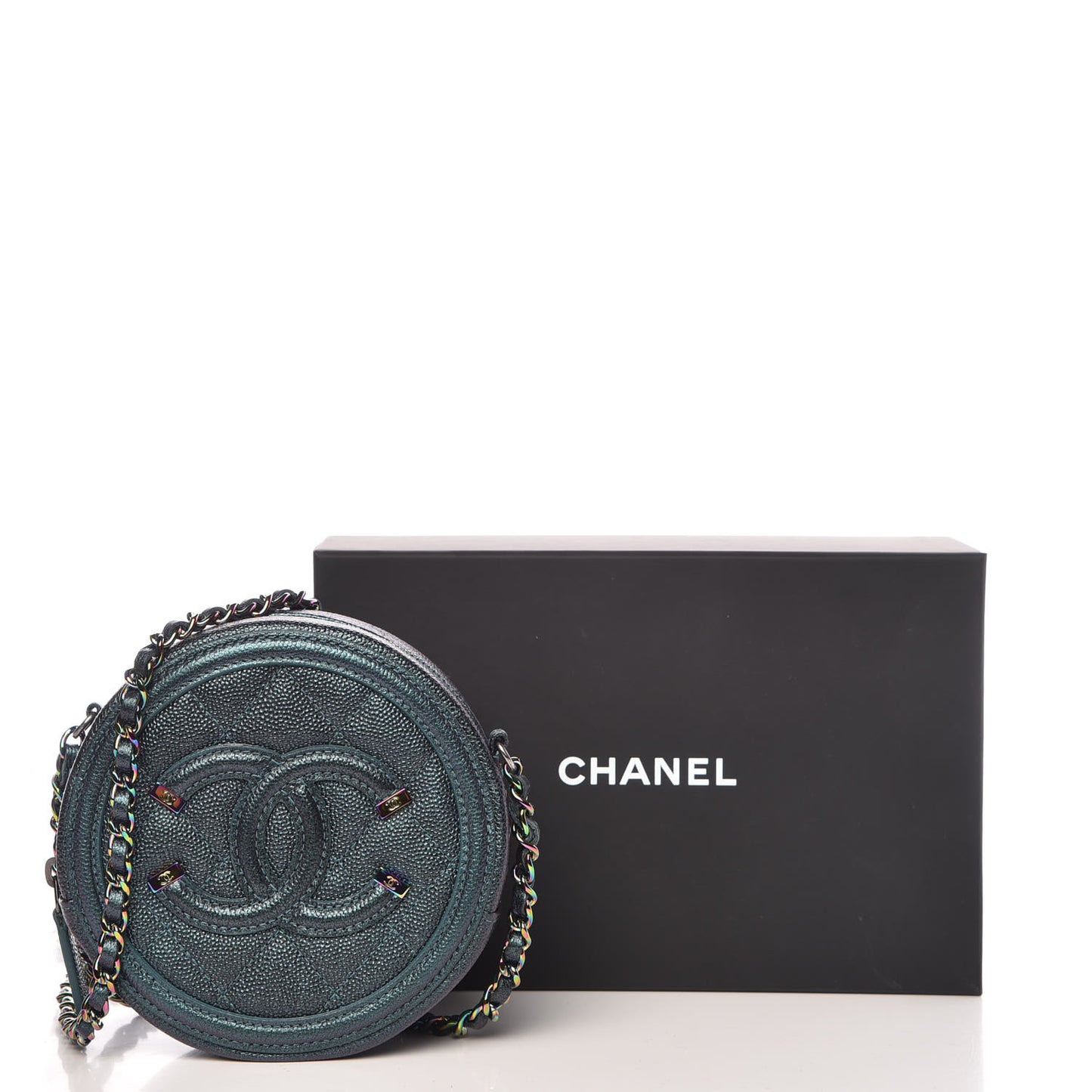Iridescent Caviar Quilted Round Filigree Crossbody Dark Turquoise