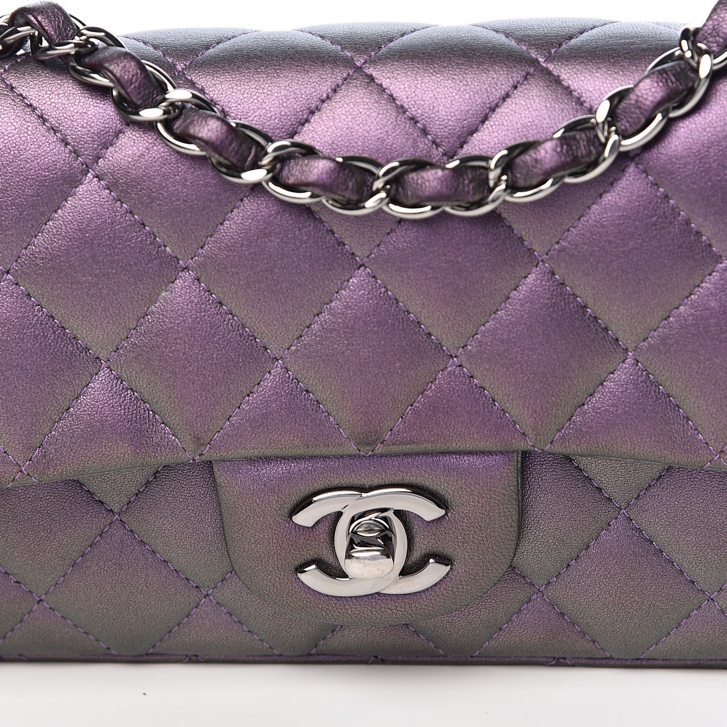 Metallic Lambskin Quilted Mini Rectangular Flap Purple