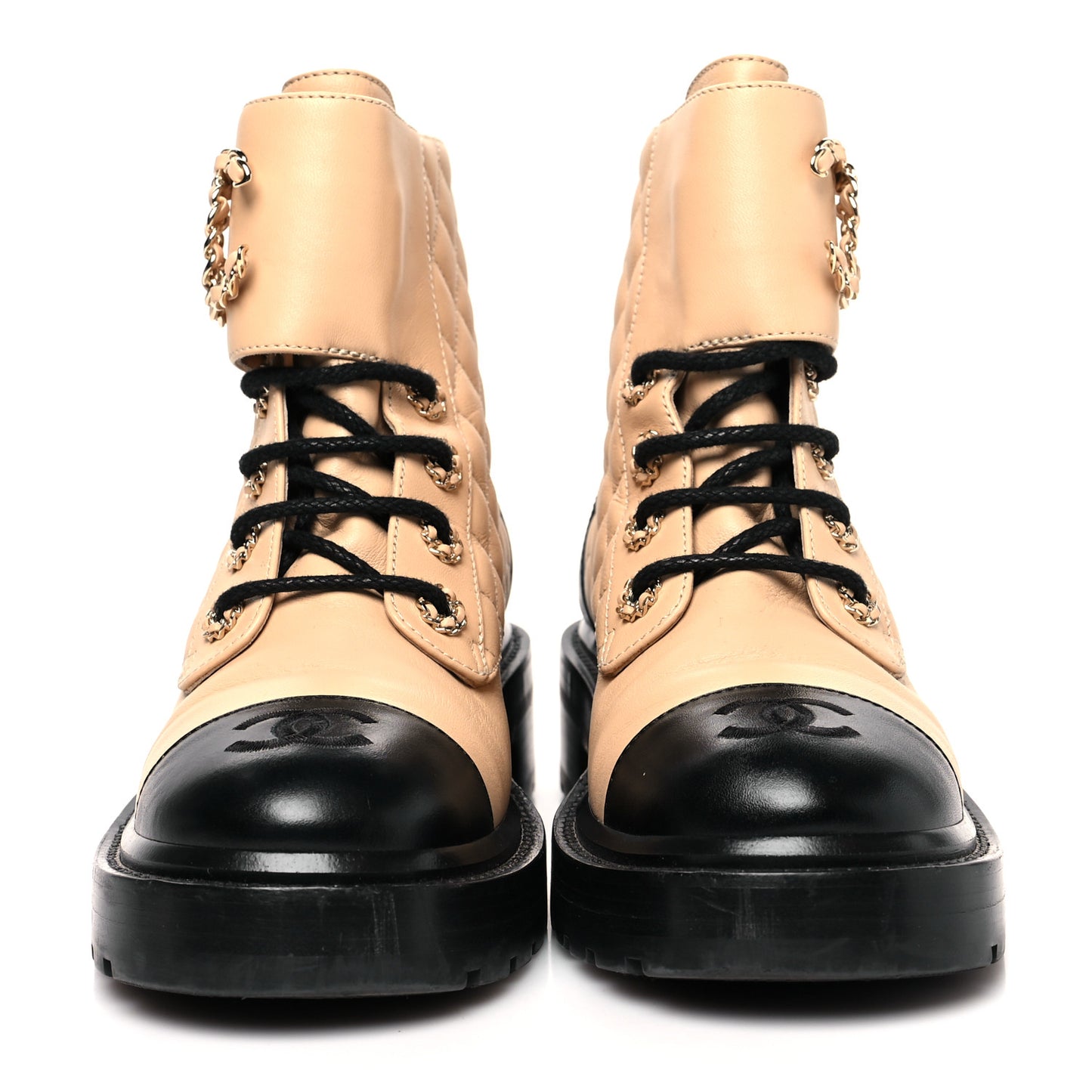 Lambskin Calfskin Quilted Lace Up Combat Boots 36 Beige Black