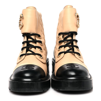 Chanel Lambskin Calfskin Quilted Lace Up Combat Boots 36 Beige Black 2 of 8