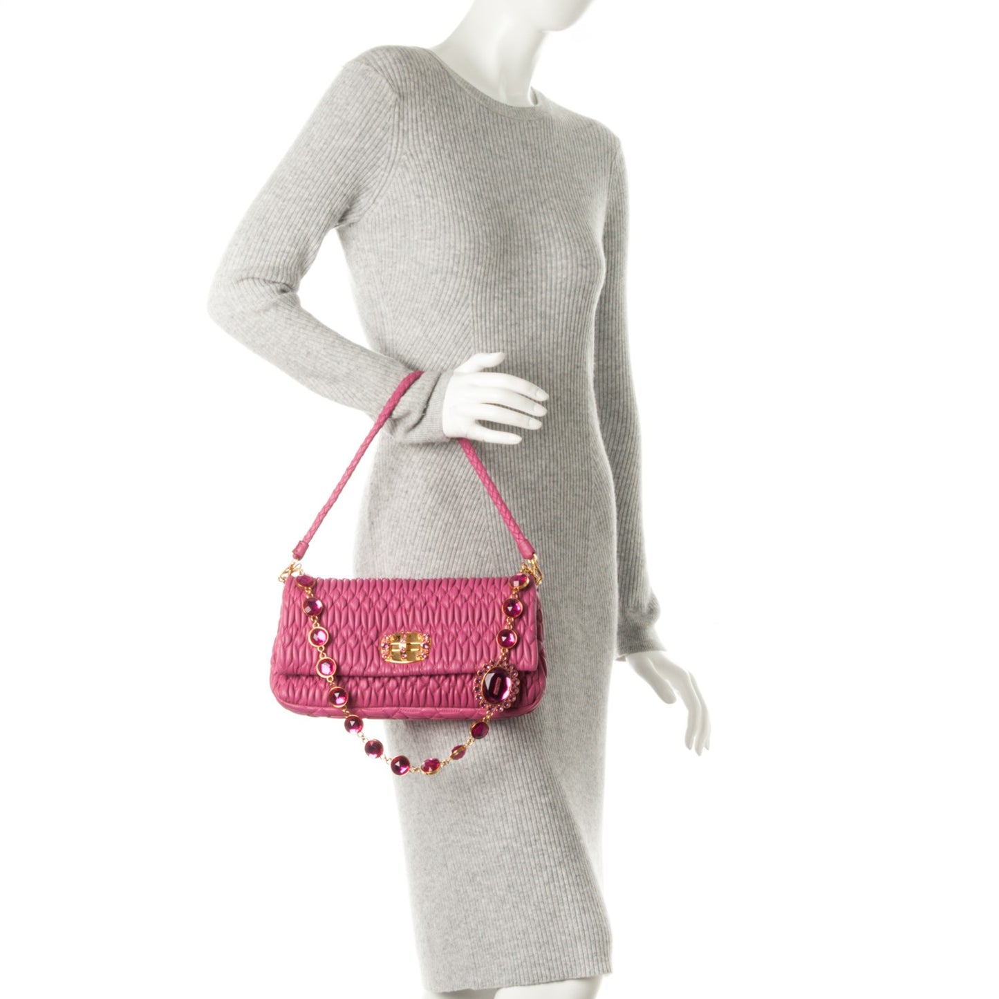 Nappa Matelasse Crystal Flap Clutch Fuxia