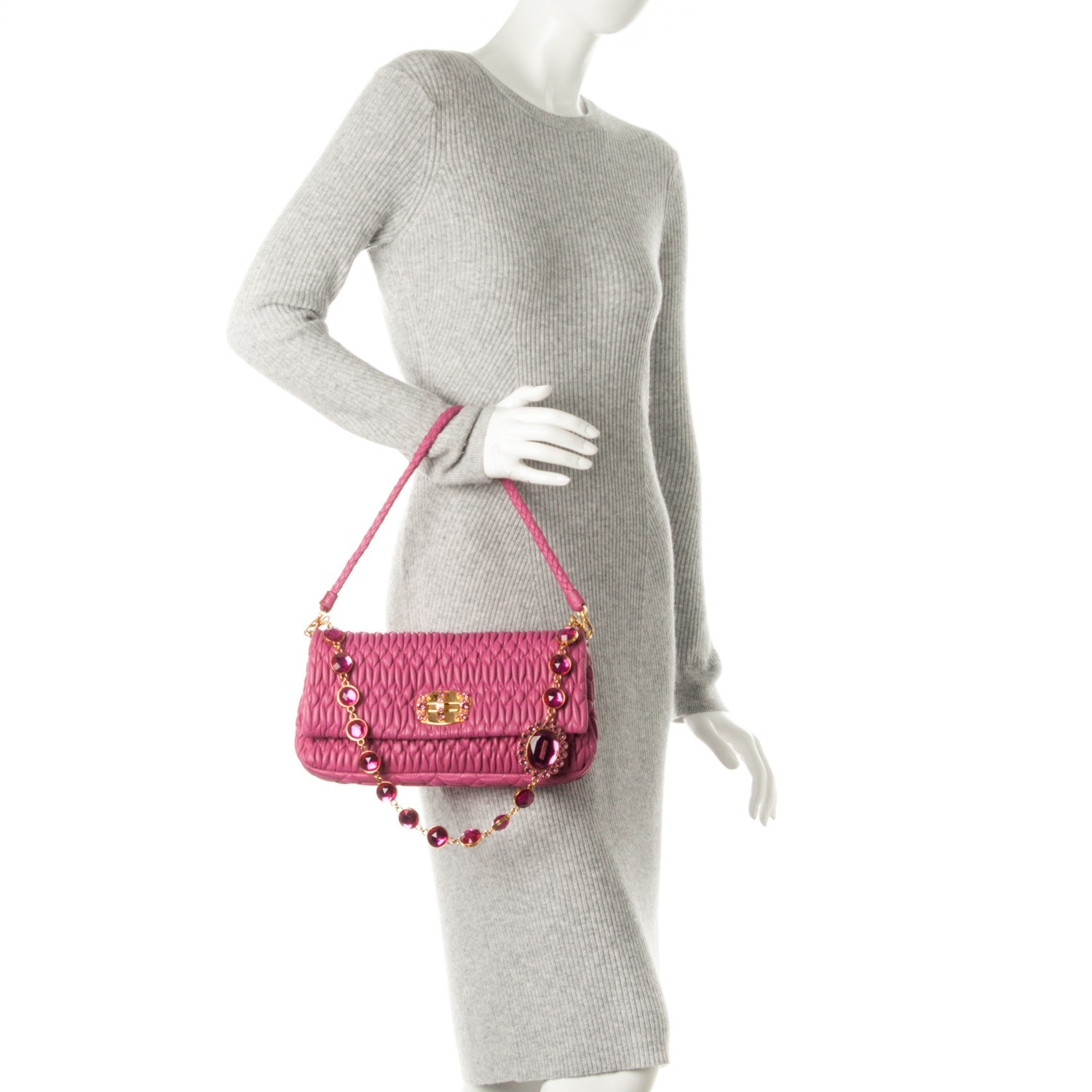 Miu Miu Nappa Matelasse Crystal Flap Clutch Fuxia 2 of 9