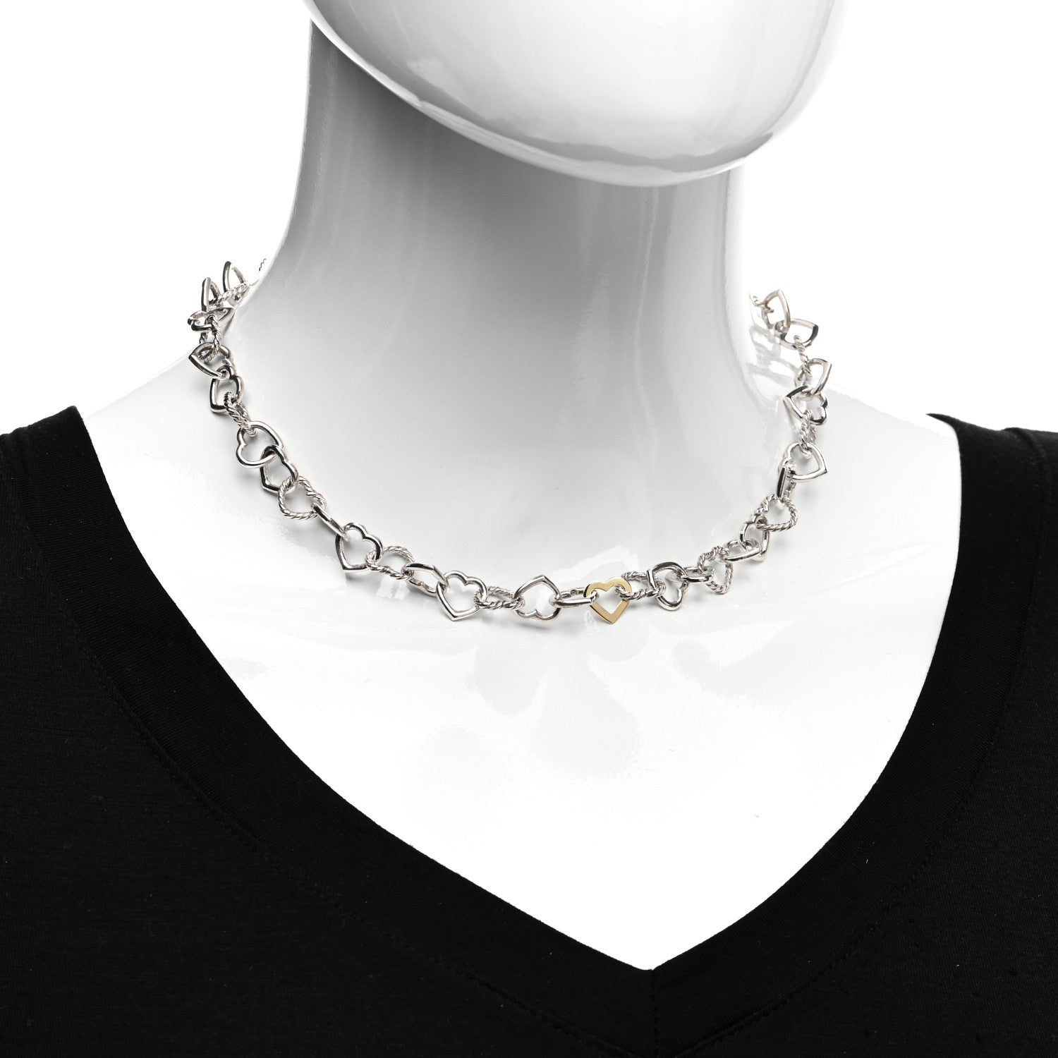 David Yurman Sterling Silver 18K Yellow Gold Cable Heart Link Necklace 2 of 4