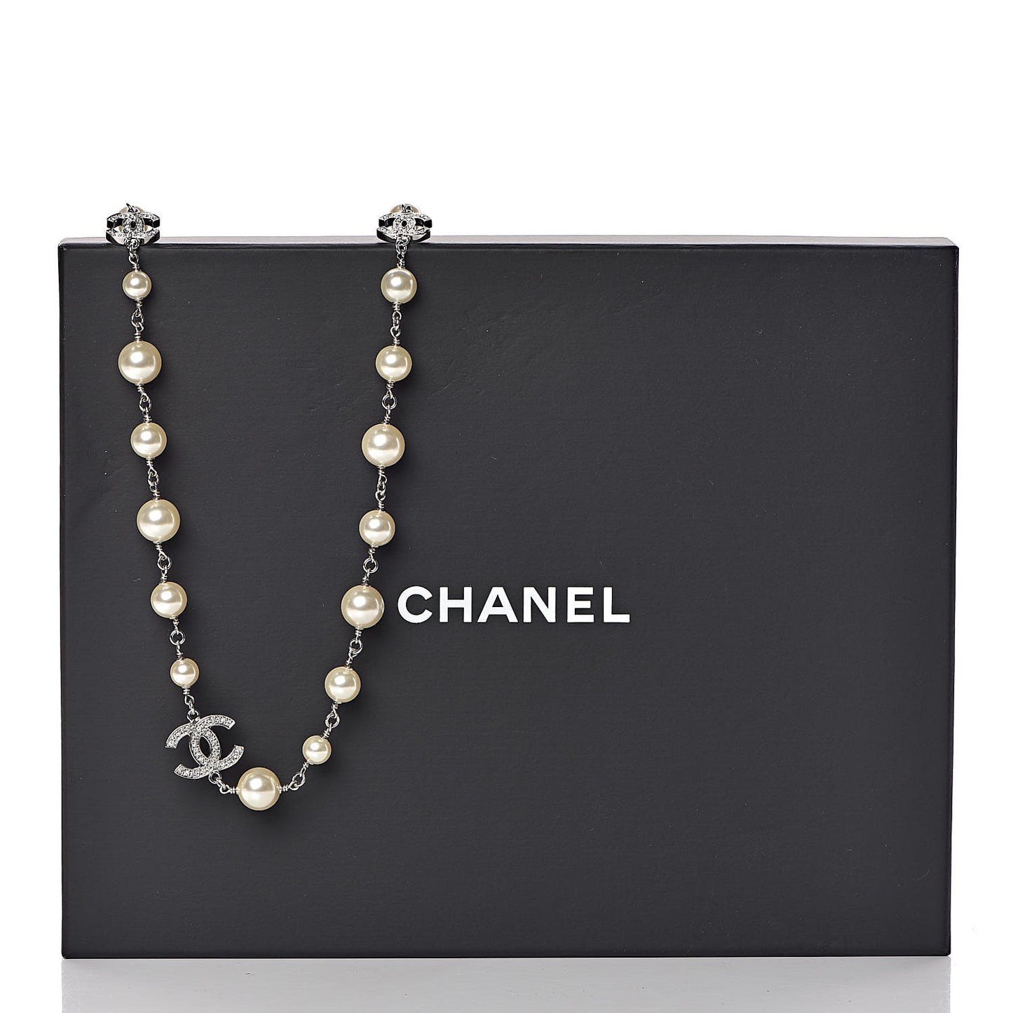 Graduated Pearl Crystal CC Long Necklace Silver