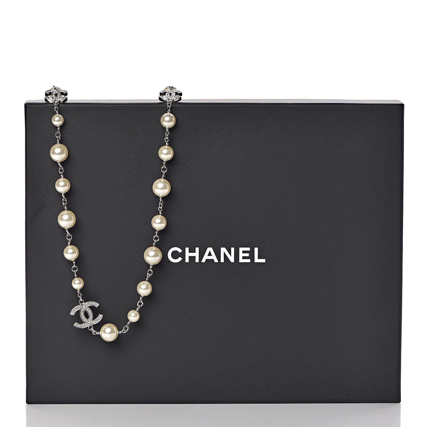 Chanel Graduated Pearl Crystal CC Long Necklace Silver 5 of 5