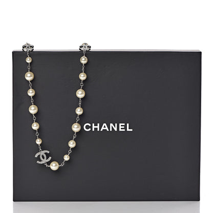 Chanel Graduated Pearl Crystal CC Long Necklace Silver 5 of 5