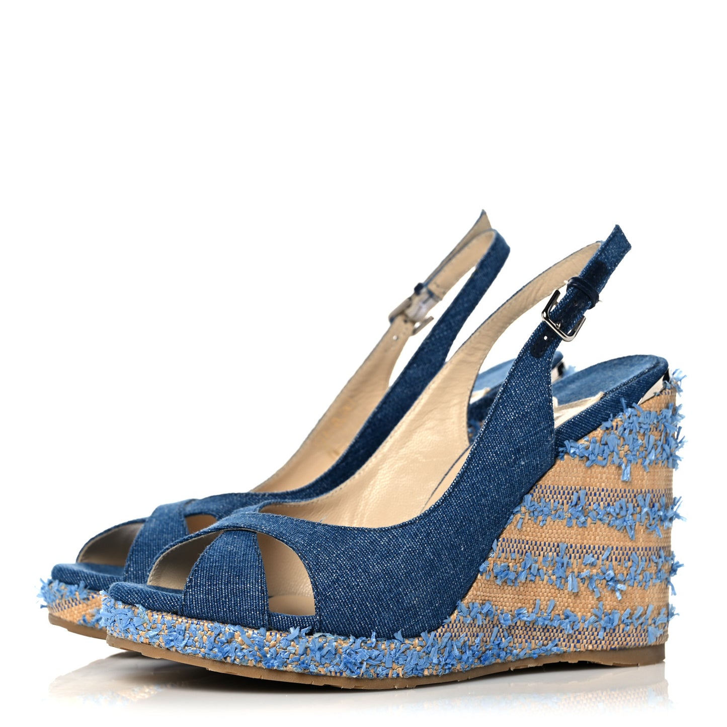 Denim Fringed Raffia Almer 105 Wedge Sandals 37.5 Navy