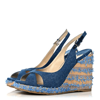 Jimmy Choo Denim Fringed Raffia Almer 105 Wedge Sandals 37.5 Navy 3 of 8