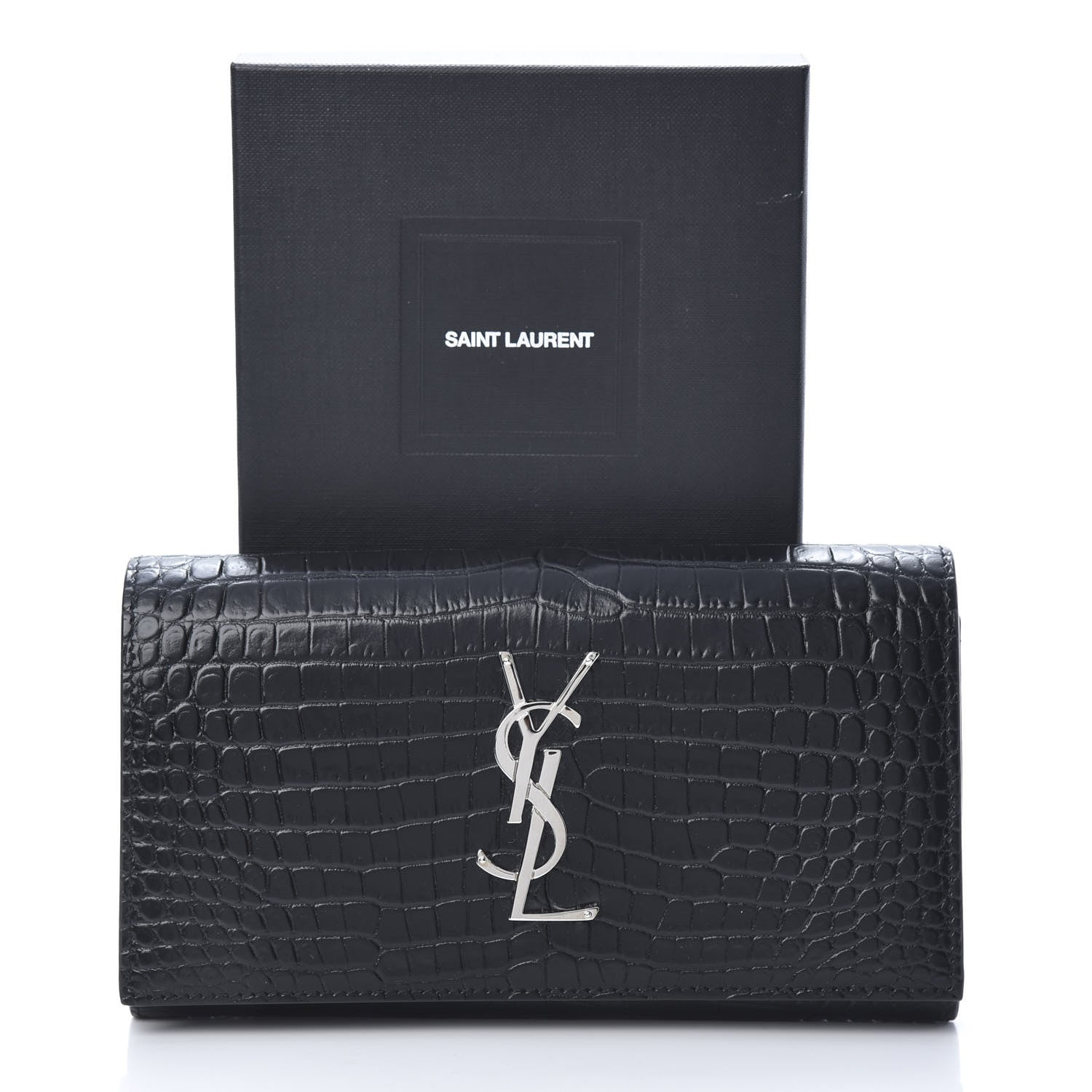 Saint Laurent Calfskin Crocodile Embossed Monogram Flap Wallet Black 10 of 10