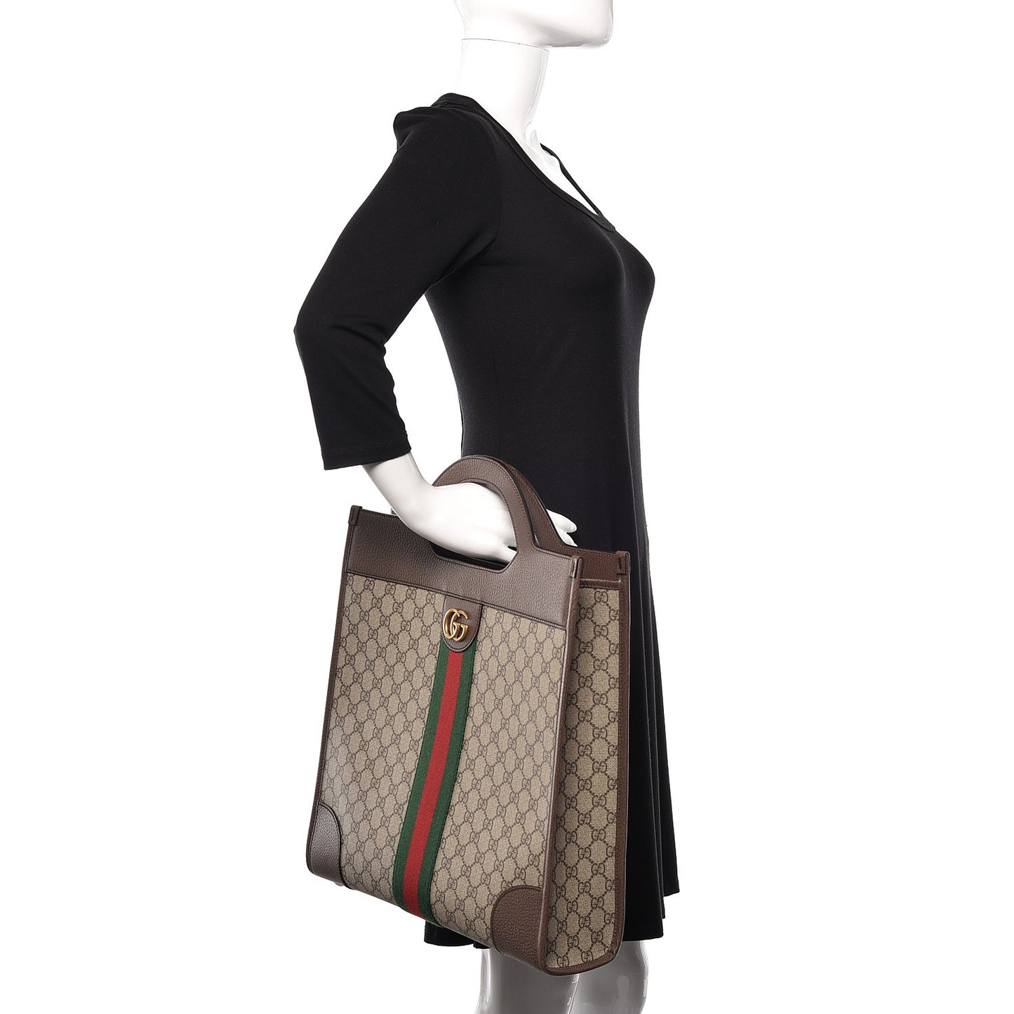 GG Supreme Monogram Textured Calfskin Web Medium Ophidia Slip Handle Tote Beige Ebony New Acero