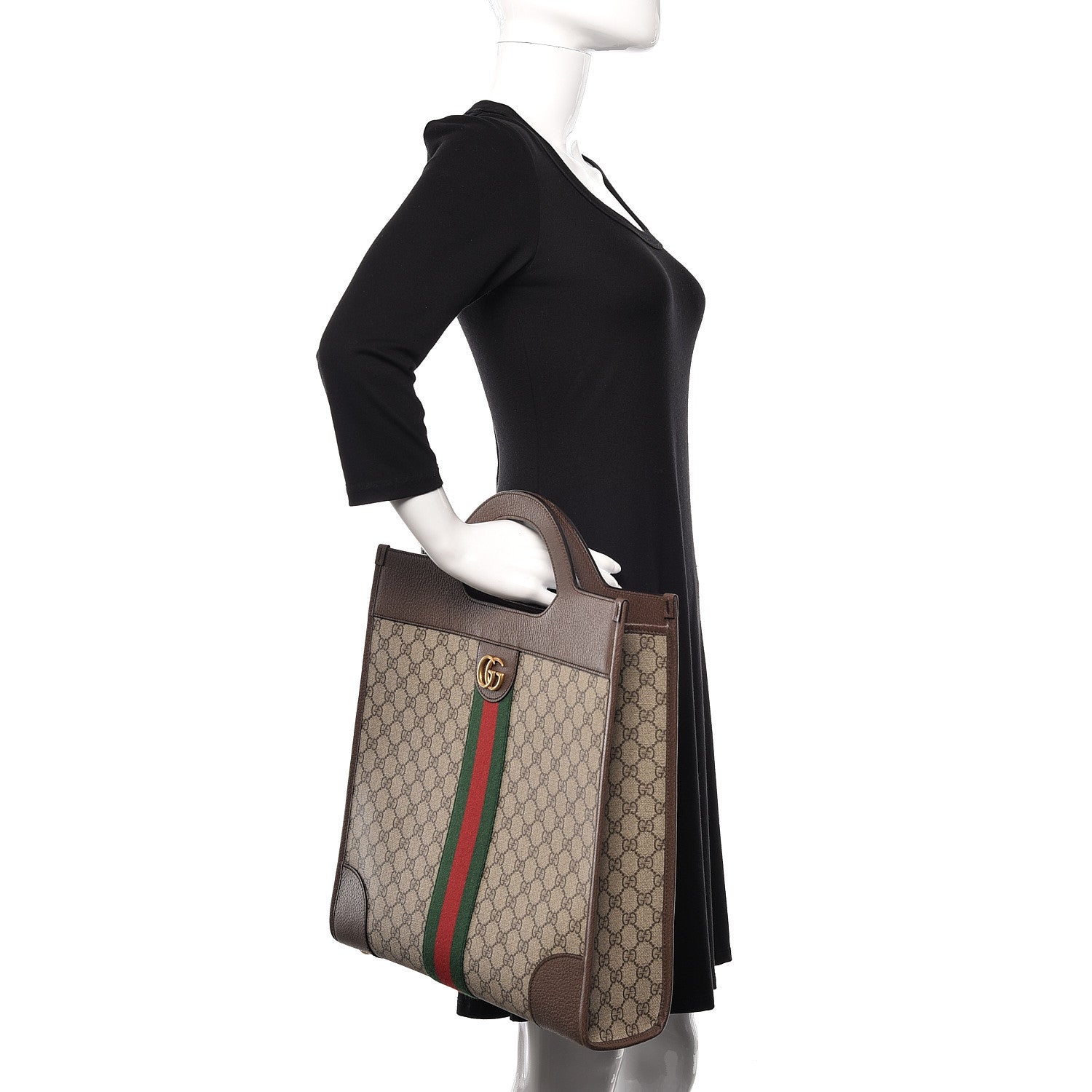 Gucci GG Supreme Monogram Textured Calfskin Web Medium Ophidia Slip Handle Tote Beige Ebony New Acero 2 of 10